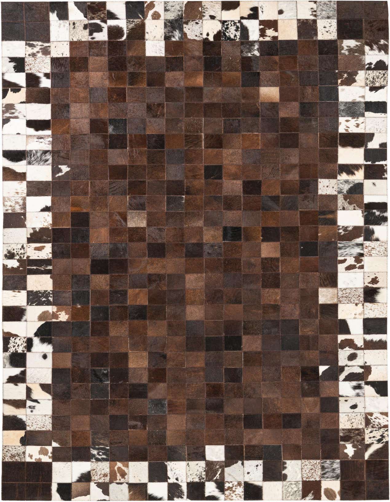 A rectangular 5x8 Cowhide Leather rug featuring a modern, abstract patchwork design in multi-colored brown, black, and white tones.