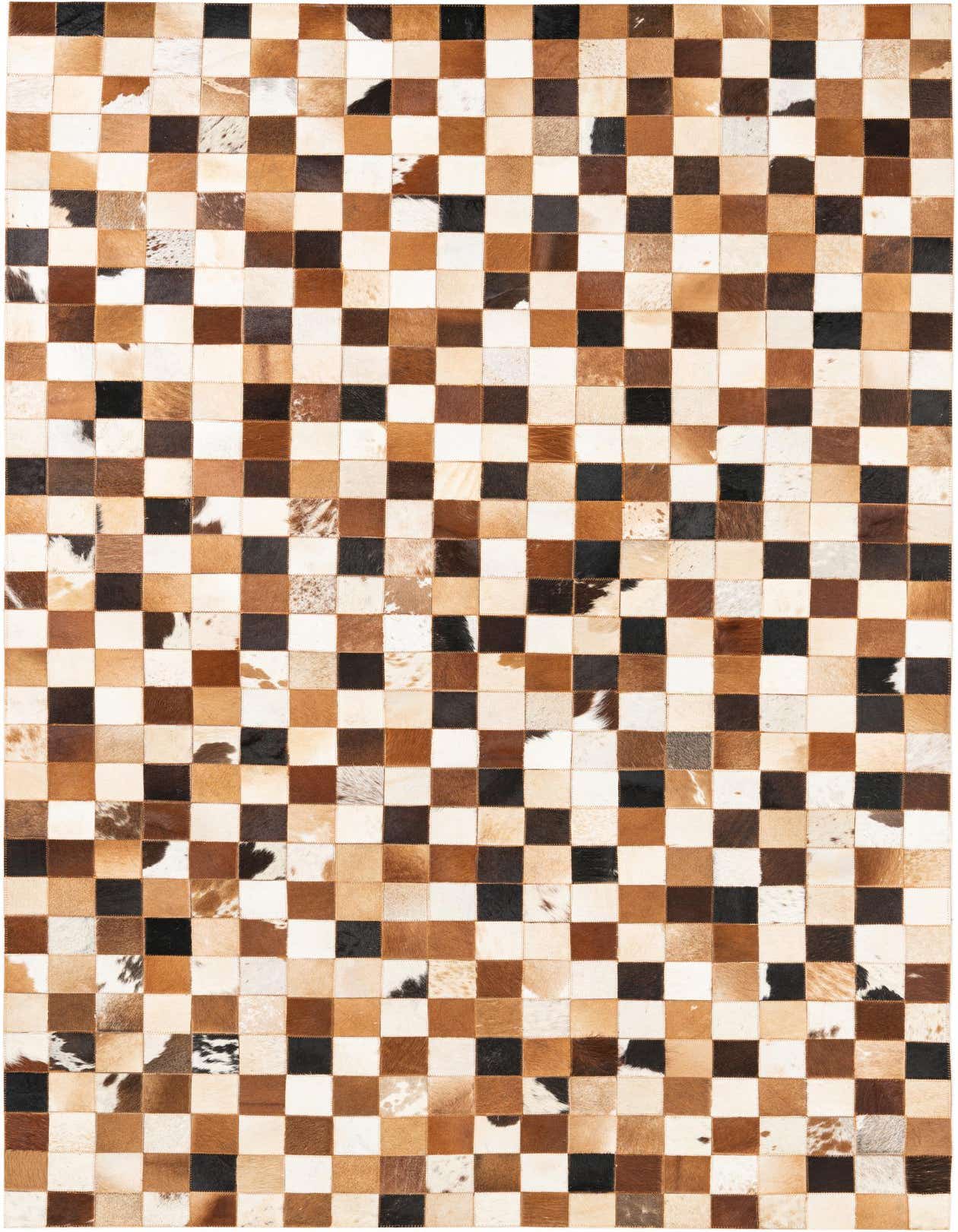 A rectangular 5x8 multi-colored cowhide leather rug with a modern checkerboard pattern, suitable for a living room.