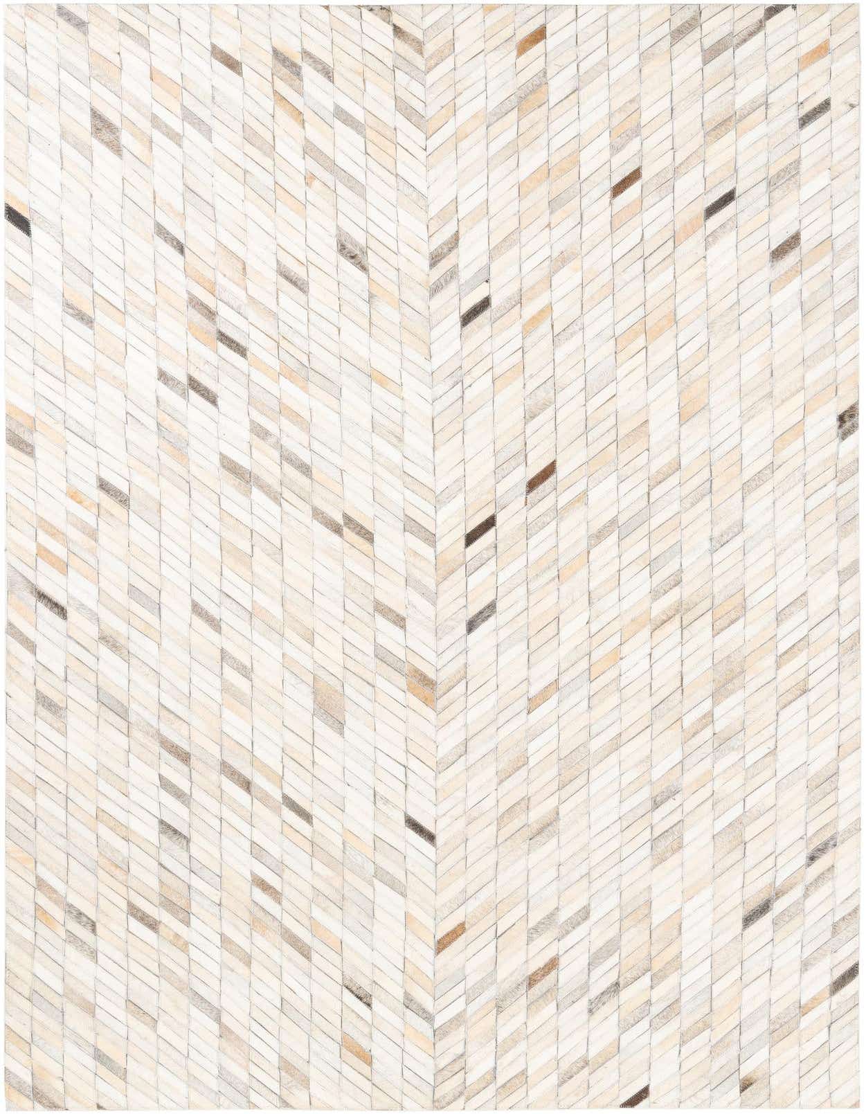 A 5x8 rectangular Cowhide Leather rug featuring a modern, abstract chevron pattern in multi-colored natural tones.