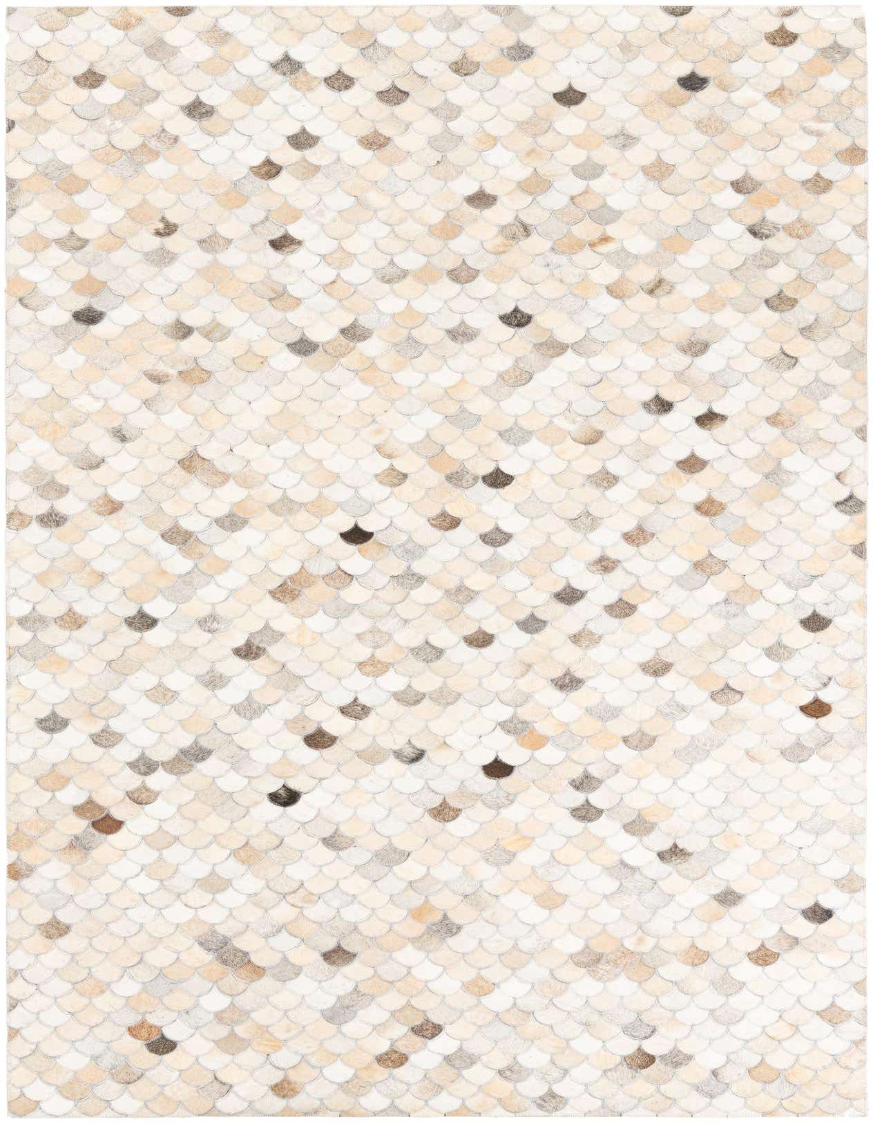 Rectangular 5x8 Cowhide Leather rug featuring a modern abstract scale pattern in multi-colored natural tones.