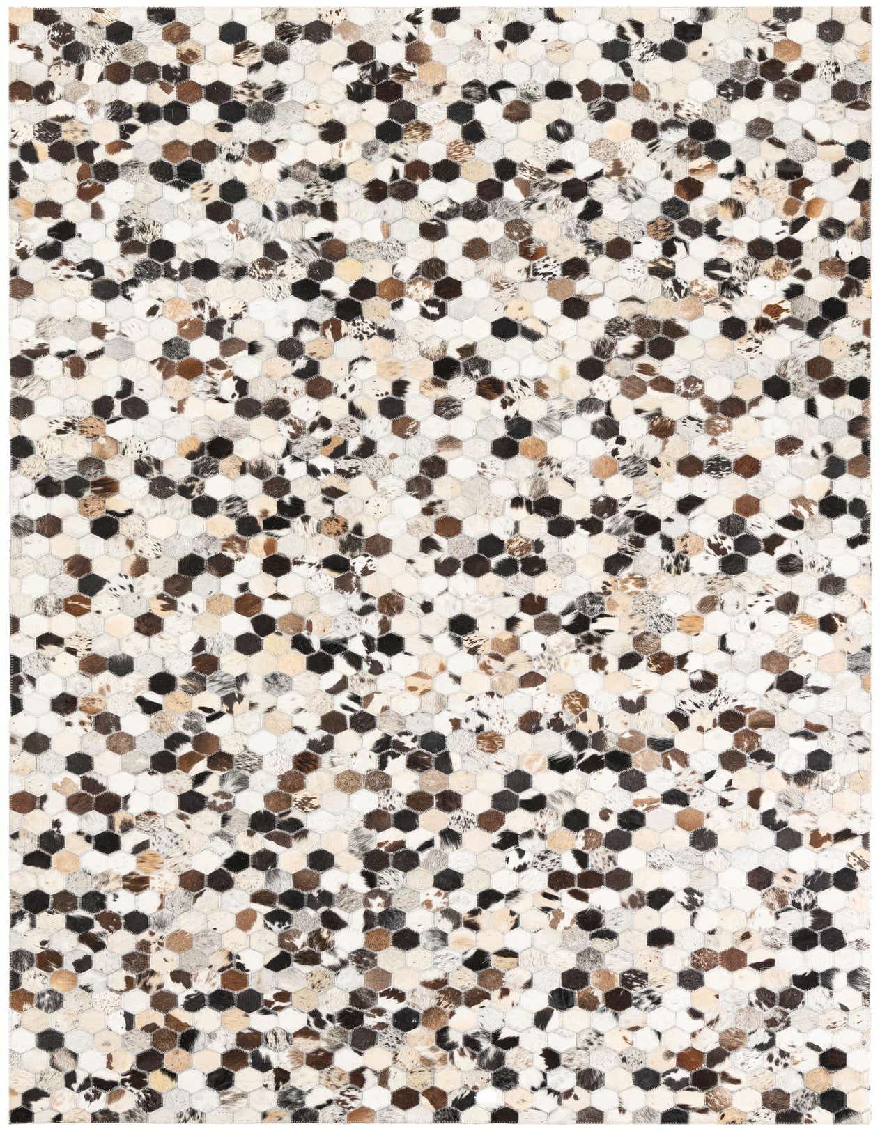 A 5x8 rectangular Cowhide Leather rug featuring a modern, abstract pattern of multi-colored hexagonal patches.