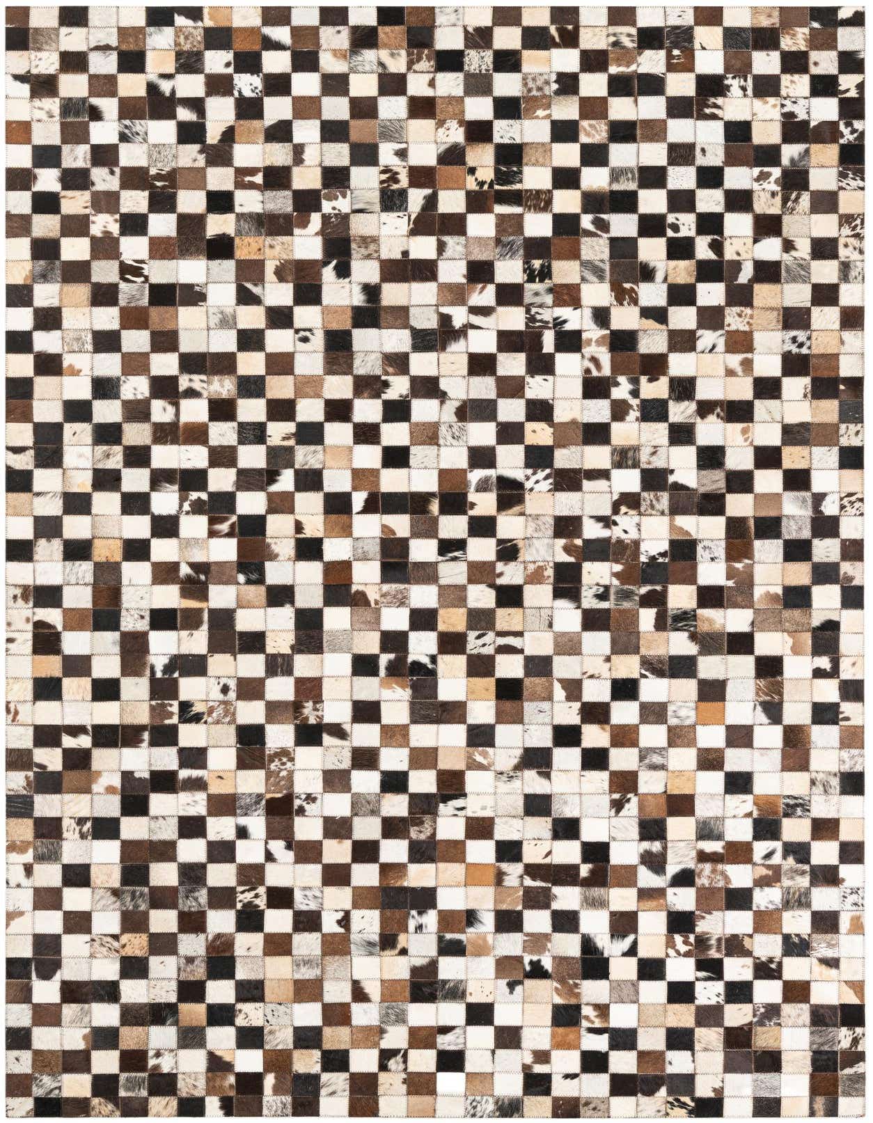 A rectangular 5x8 cowhide rug with a modern checkerboard pattern in varied shades of brown, black, and white.