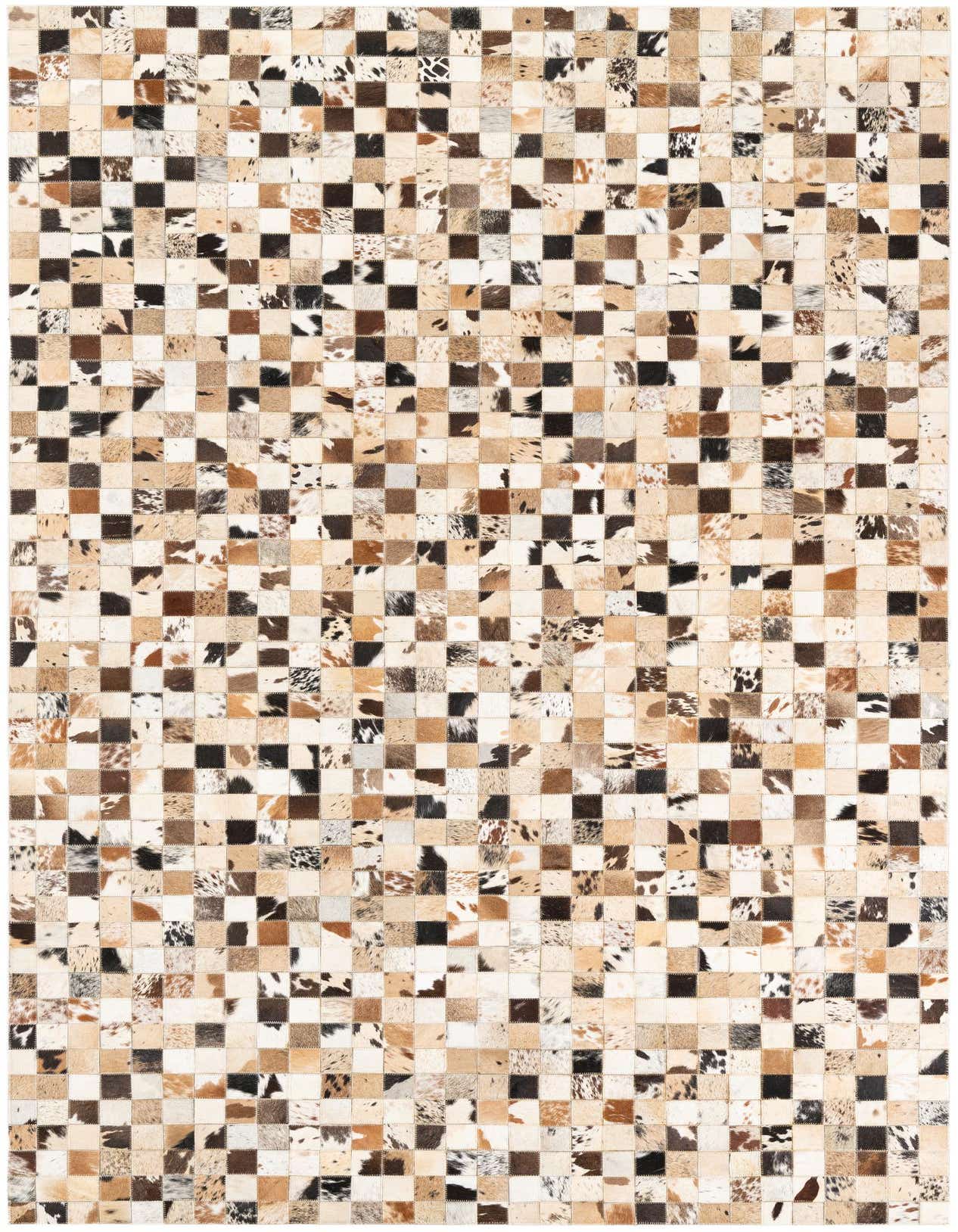 A 5x8 rectangular Cowhide Leather rug featuring a modern, abstract checkerboard pattern in multi-colored natural cowhide patches.