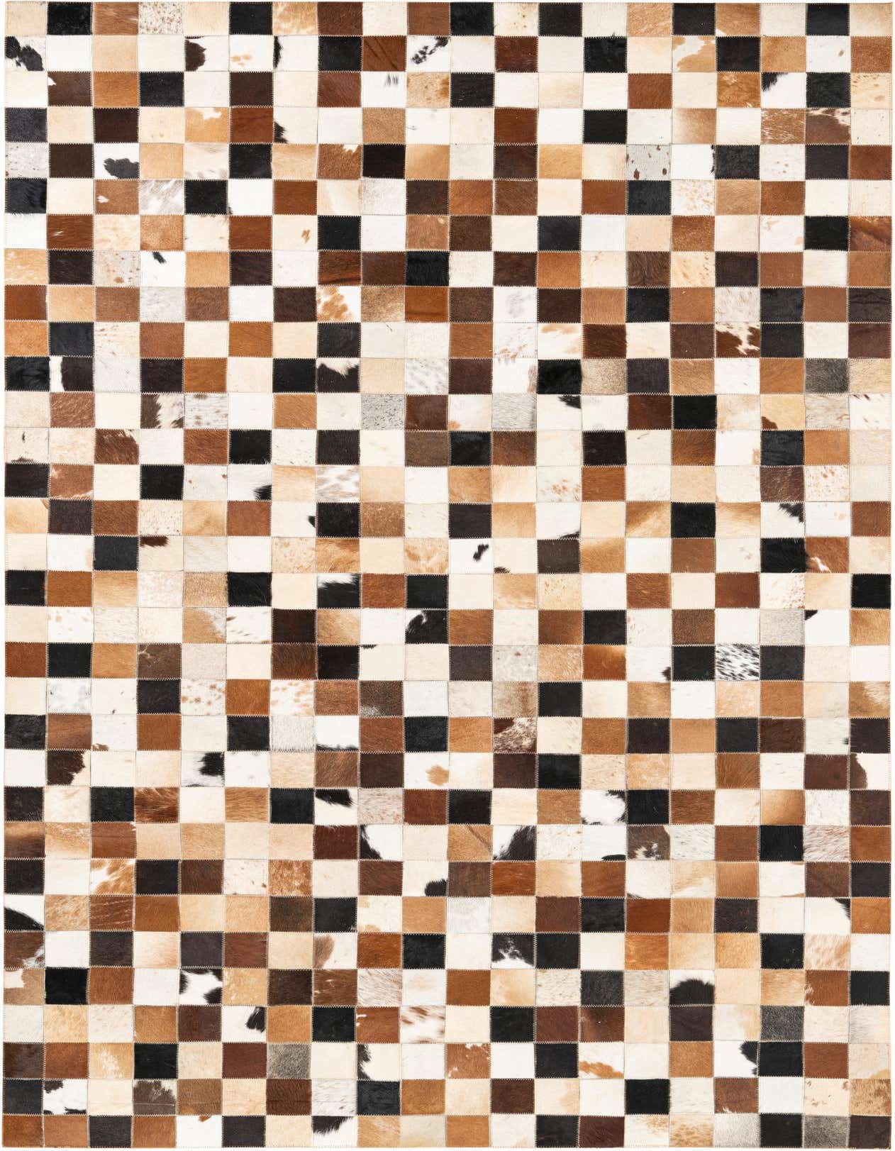 A 5x8 rectangular Cowhide Leather rug featuring a modern checkerboard pattern in varied shades of brown, black, and white.