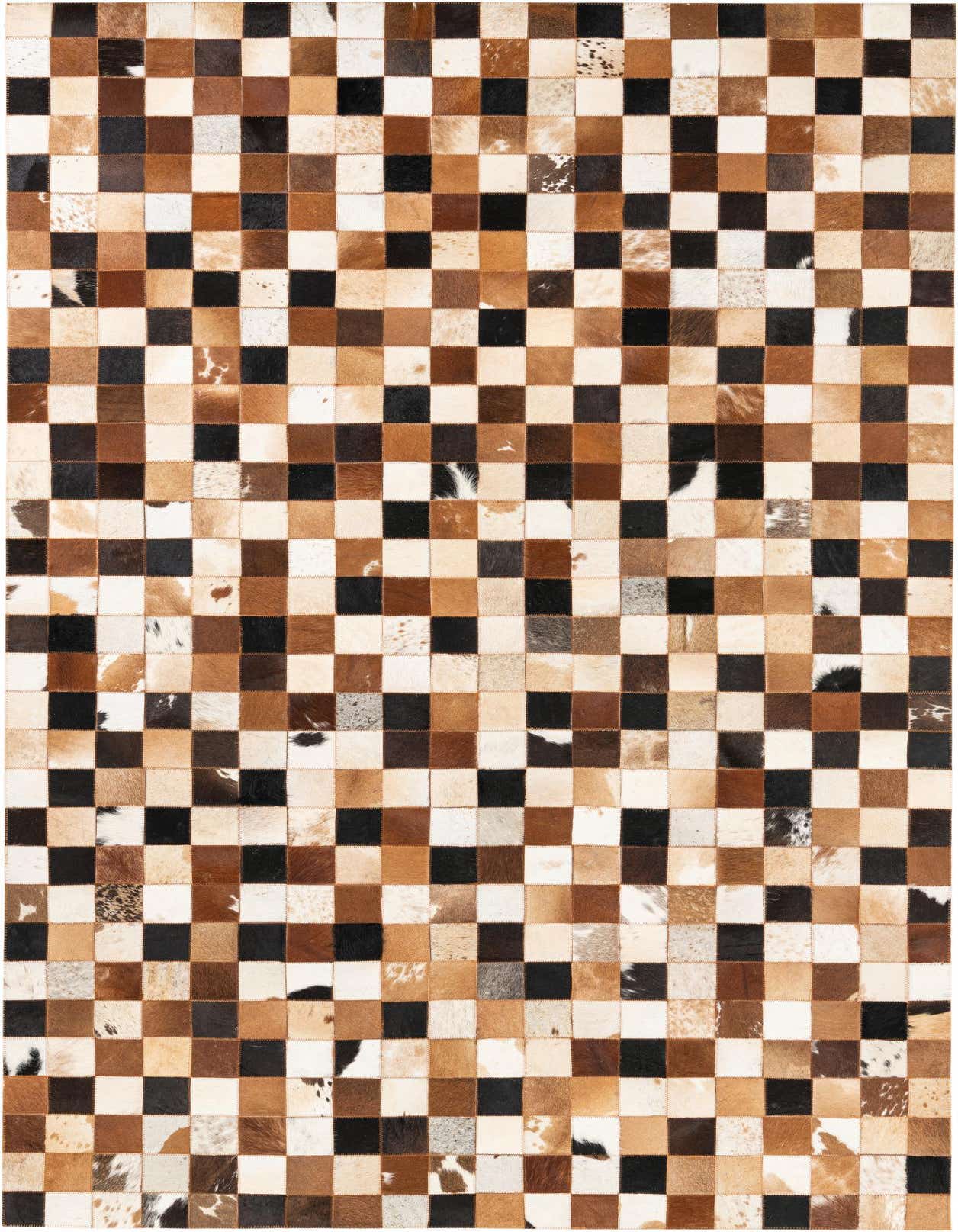 A 5x8 rectangular Cowhide Leather rug featuring a modern, abstract checkerboard pattern in multi-colored natural cowhide patches.