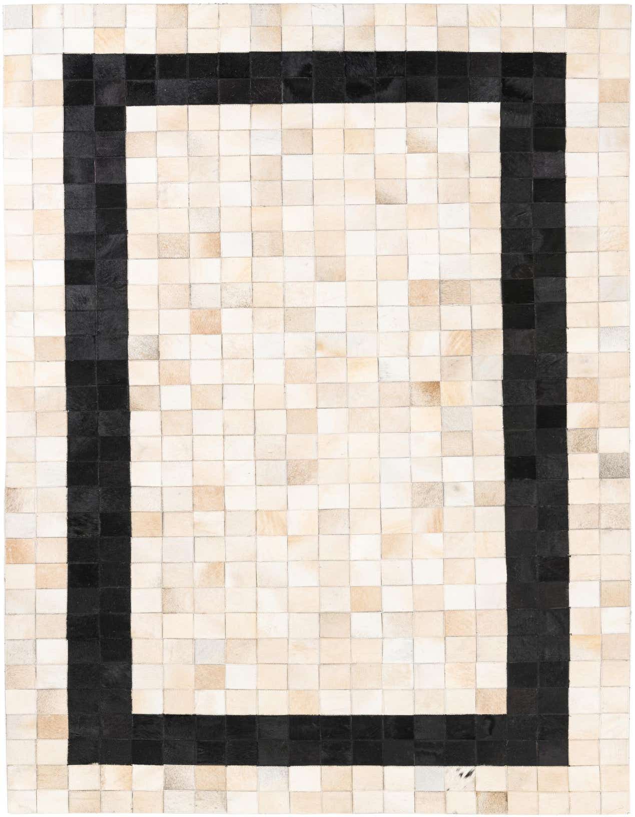 A 5x8 rectangular Cowhide Leather rug featuring an abstract pattern of multi-colored natural hide squares with a bold black border.