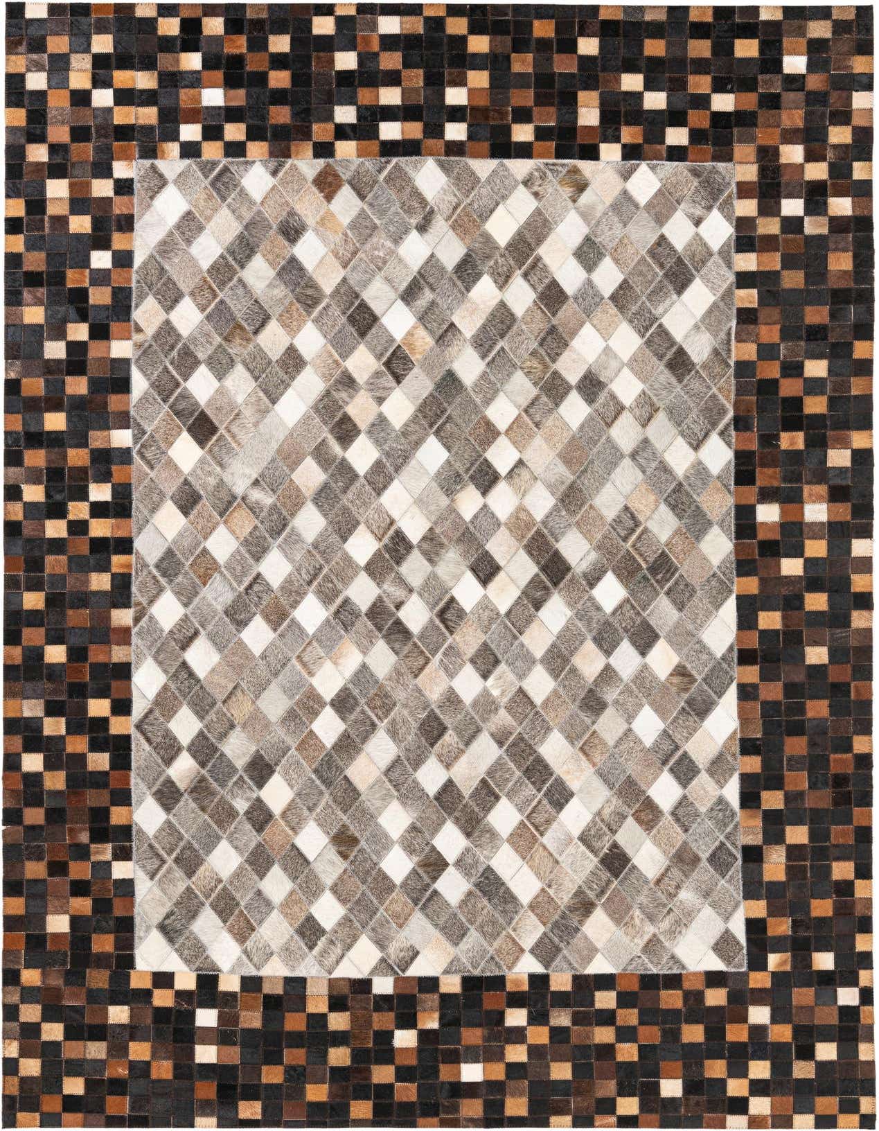 A rectangular 5x8 multi-colored cowhide and leather rug with a modern abstract pattern, featuring a central diamond design framed by a checkerboard border.