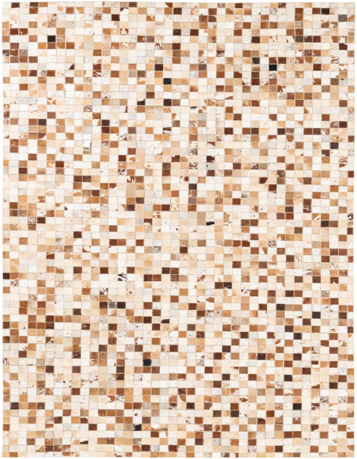 A 5x8 rectangular Cowhide Leather rug featuring a modern, abstract patchwork of multi-colored squares in various natural brown, beige, and cream tones.