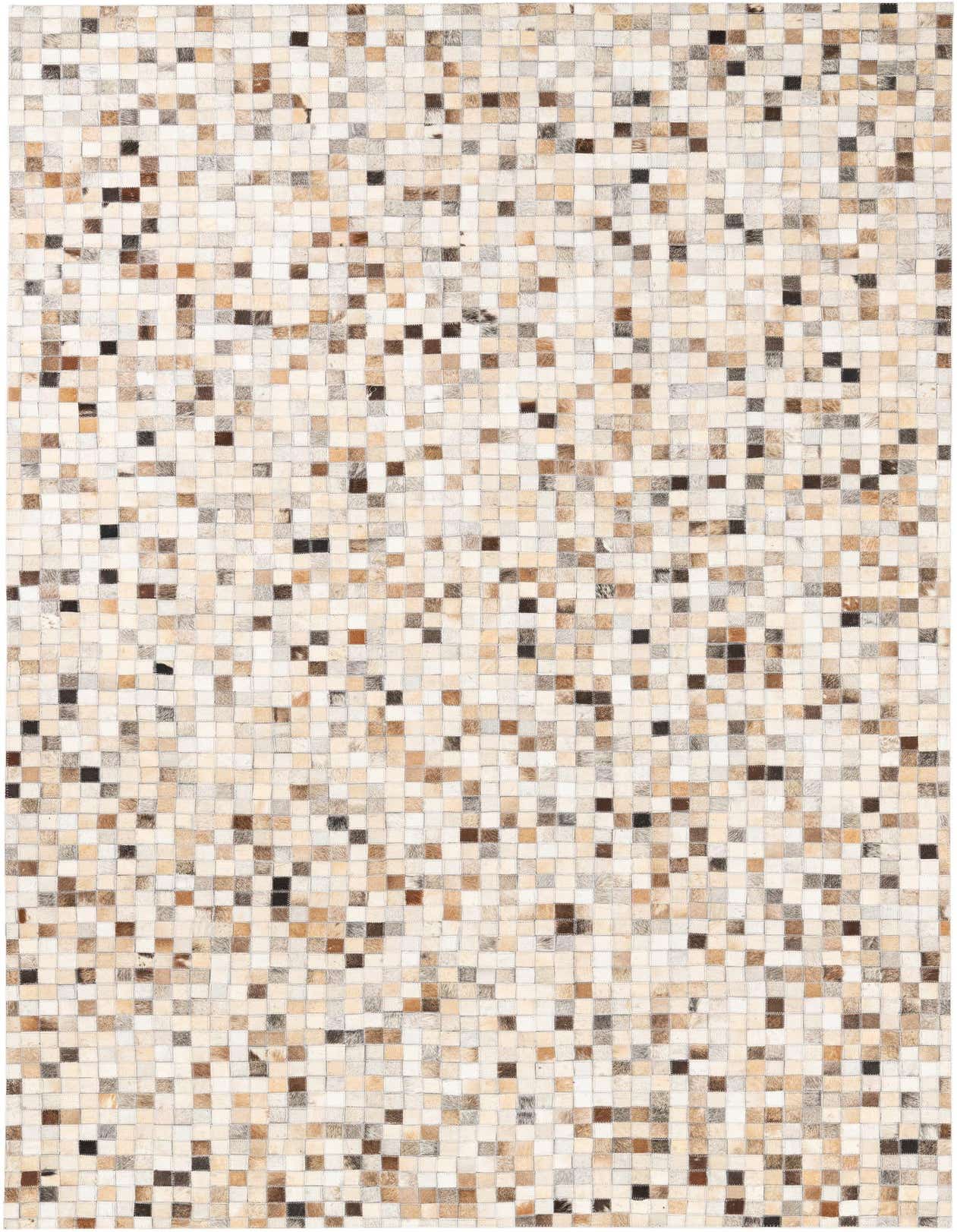 A 5x8 rectangular Cowhide Leather rug featuring a modern, abstract mosaic pattern of multi-colored squares in natural brown, beige, and cream tones.