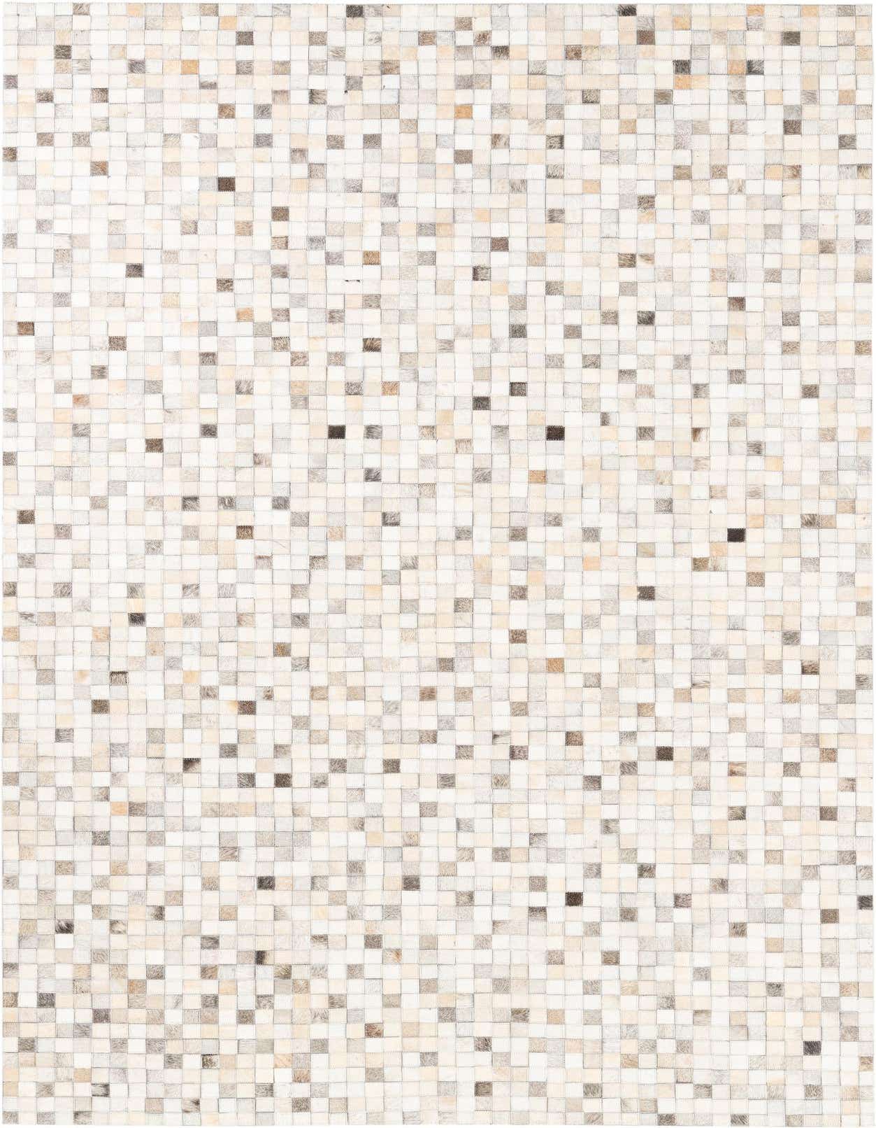 A rectangular 5x8 modern cowhide rug with a mosaic pattern of multi-colored natural leather squares in various shades of white, cream, brown, and grey.