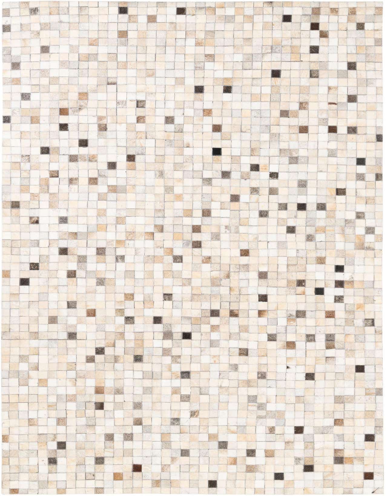 A rectangular 5x8 modern cowhide rug with a mosaic pattern of multi-colored squares in varying shades of brown, beige, and white.