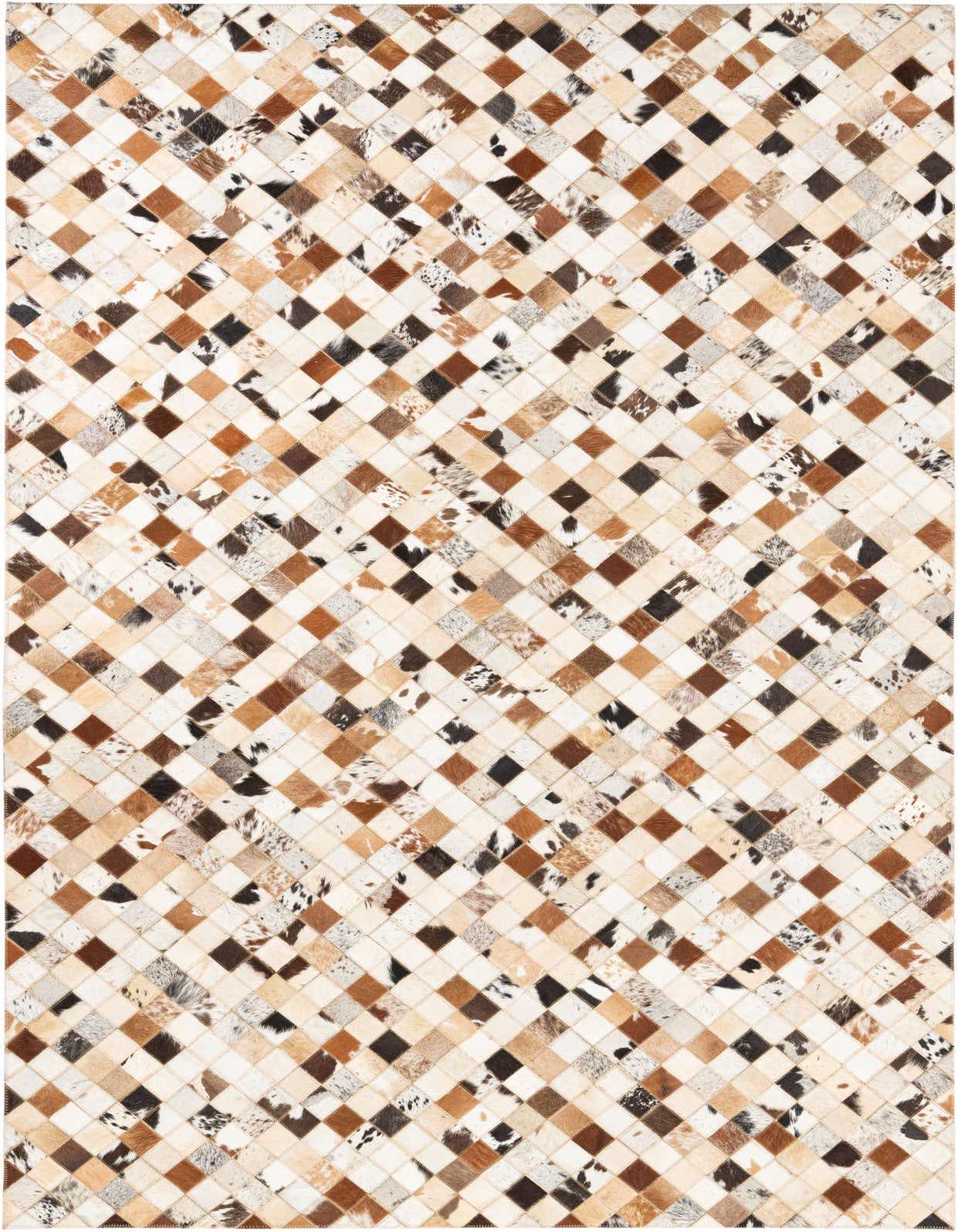 A rectangular 5x8 multi-colored cowhide and leather rug featuring a modern abstract patchwork of diamond shapes in various natural brown, white, and black tones.