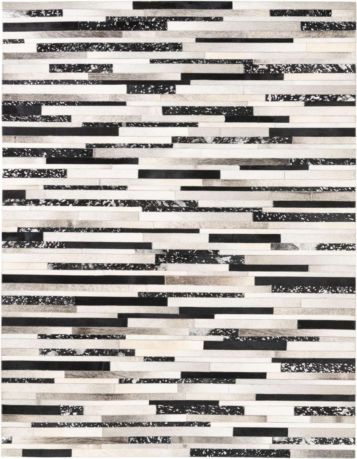 A rectangular 5x8 modern abstract rug made from multi-colored cowhide and leather strips, perfect for a living room.