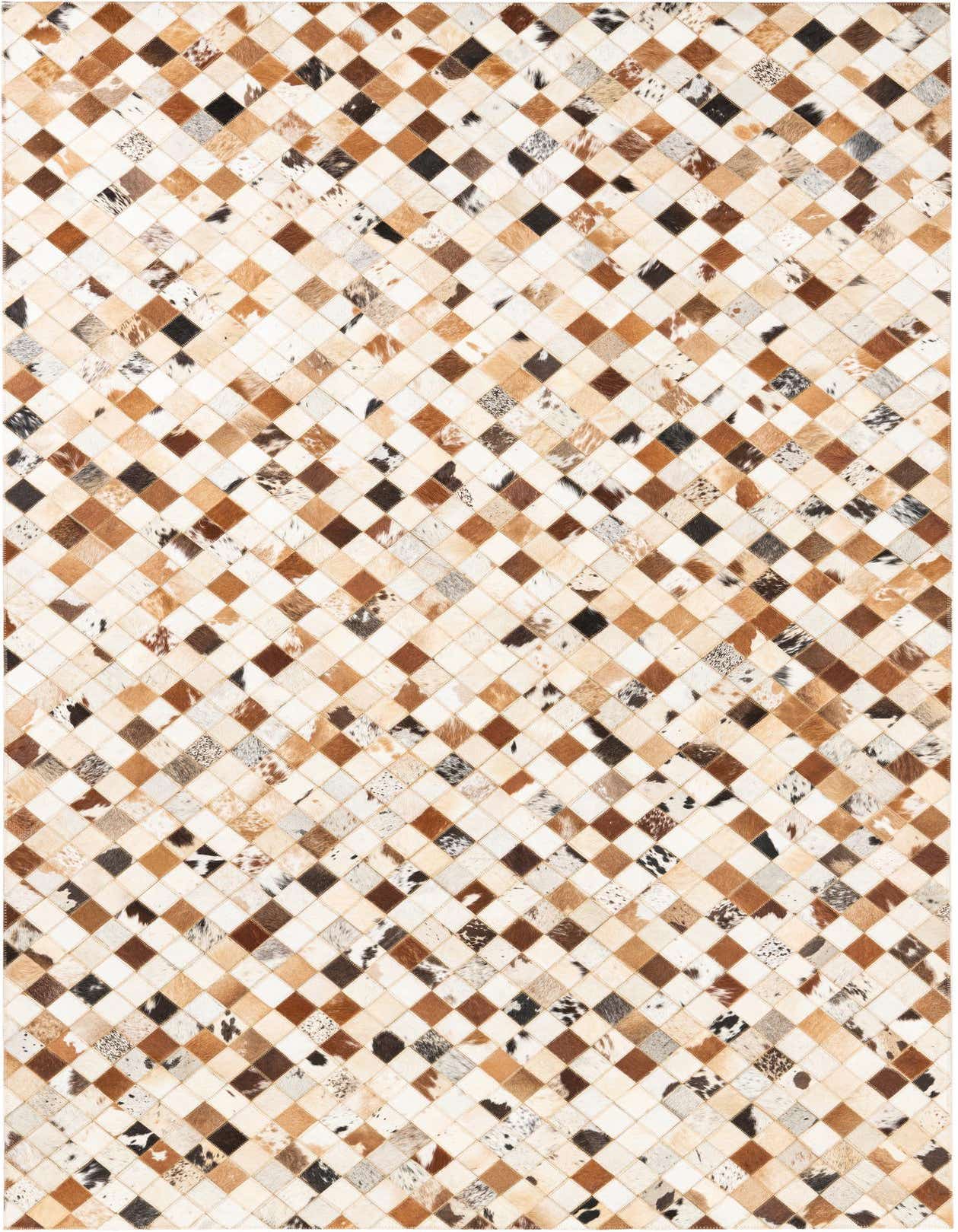 A rectangular 5x8 cowhide rug featuring a modern, abstract patchwork of multi-colored diamond-shaped leather pieces in various natural brown, white, and black tones.