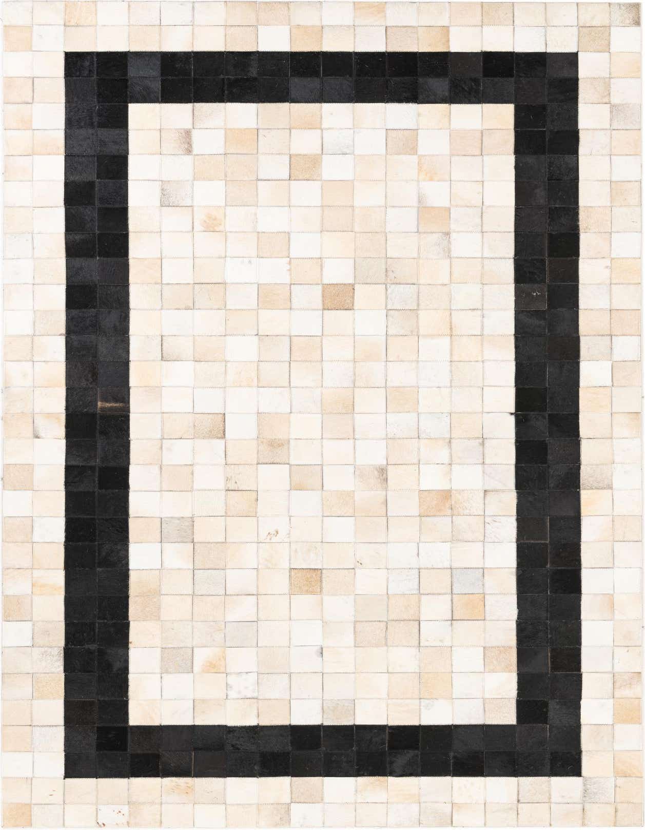 A 5x8 rectangular Cowhide Leather rug featuring a modern abstract design with a thick black border on a multi-colored patchwork background.