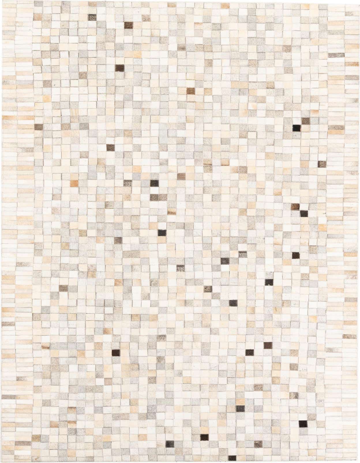 A 5x8 rectangular Cowhide & Leather rug featuring a modern, abstract mosaic pattern in multi-colored natural tones.