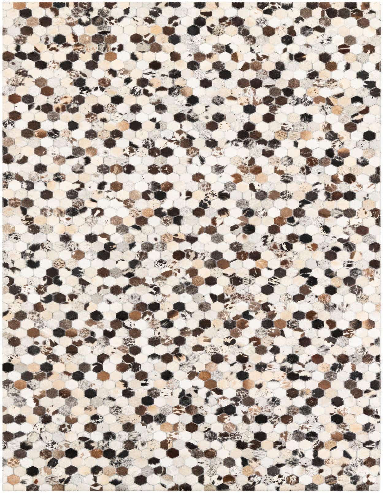 A 5x8 rectangular Cowhide Leather rug featuring a modern, abstract pattern of multi-colored hexagonal patches.