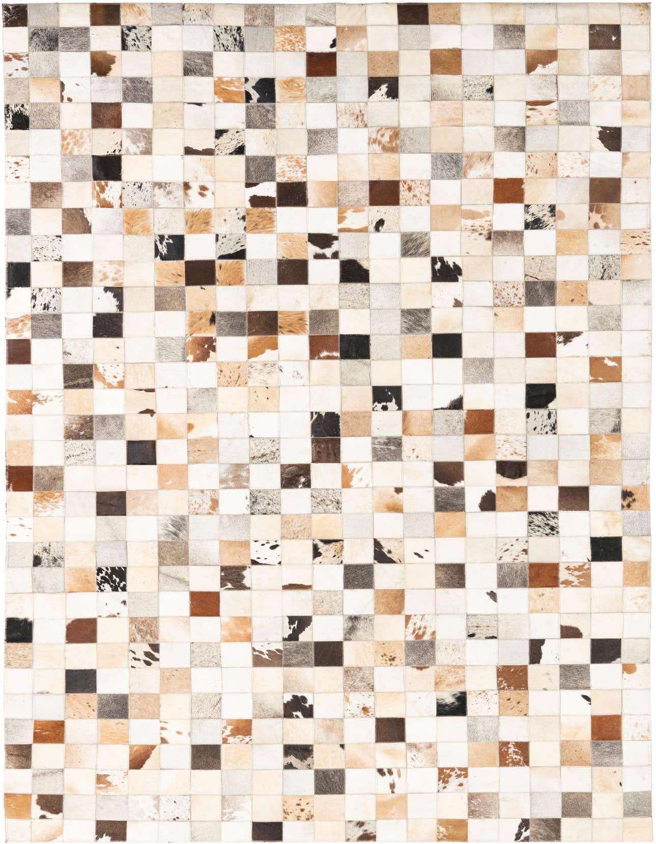 A 5x8 rectangular Cowhide & Leather rug featuring a modern patchwork of multi-colored squares in various natural hide patterns.