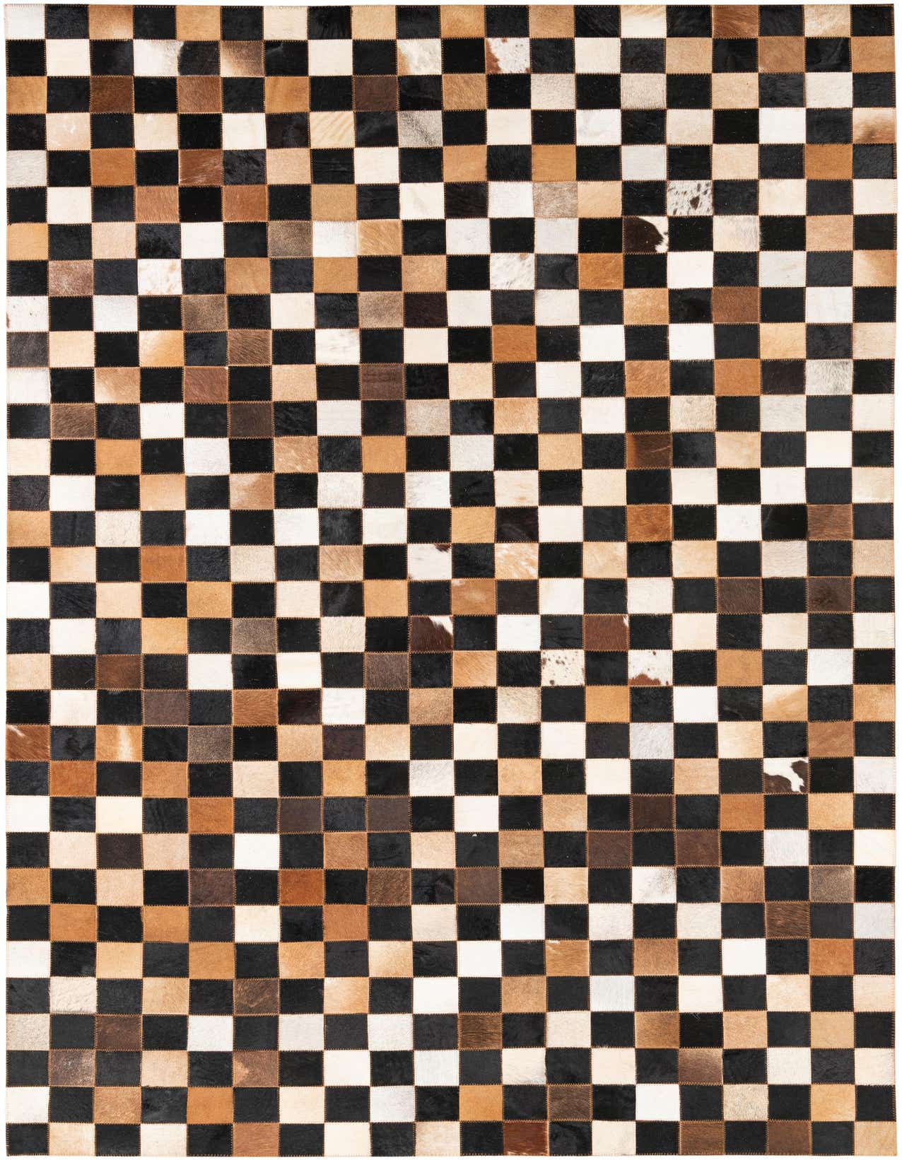 A 5x8 rectangular Cowhide Leather rug featuring a modern checkered pattern in multi-colored squares of black, white, and various brown tones.