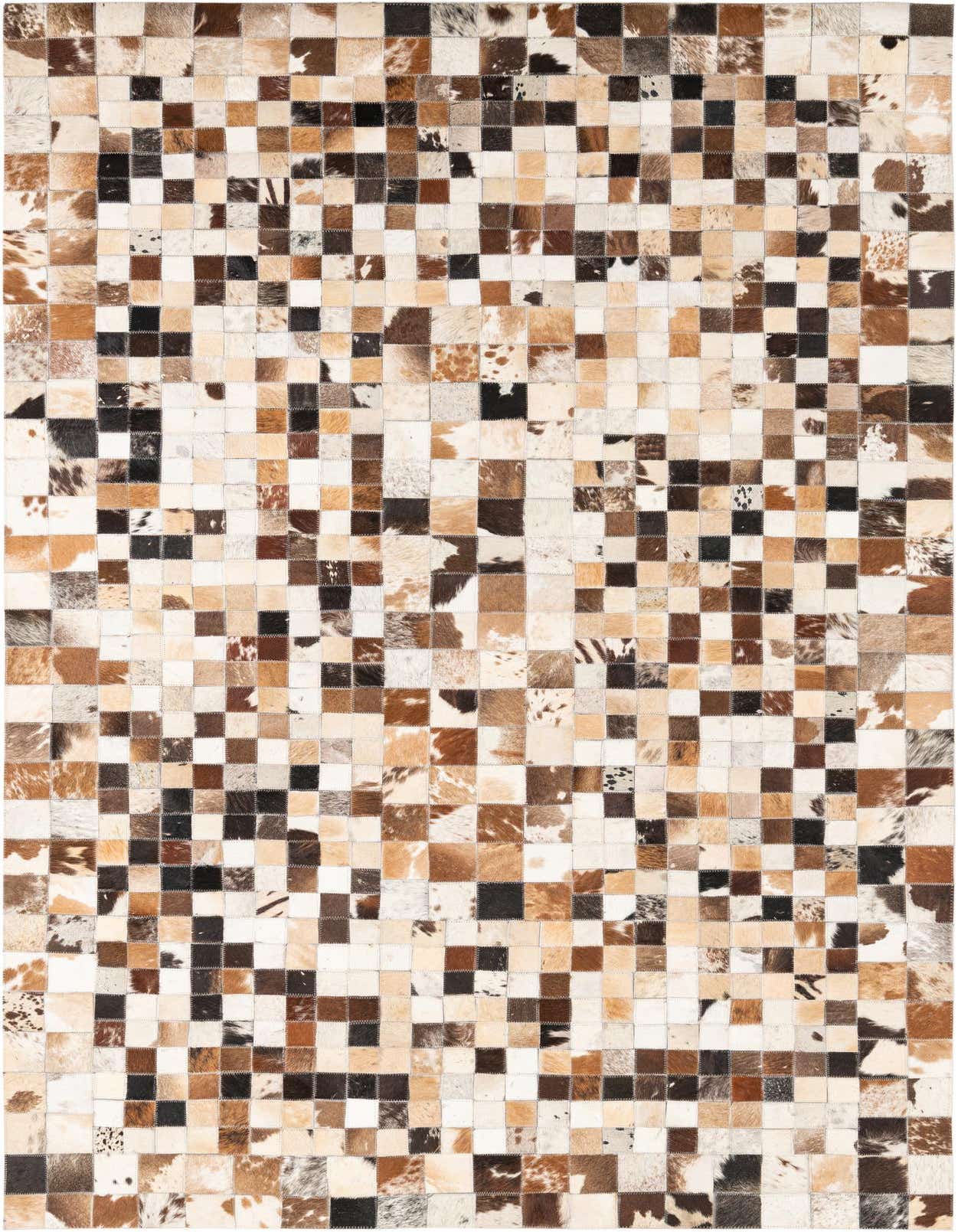 A 5x8 rectangular Cowhide Leather rug featuring a modern patchwork of multi-colored squares in various natural brown, black, and white tones.