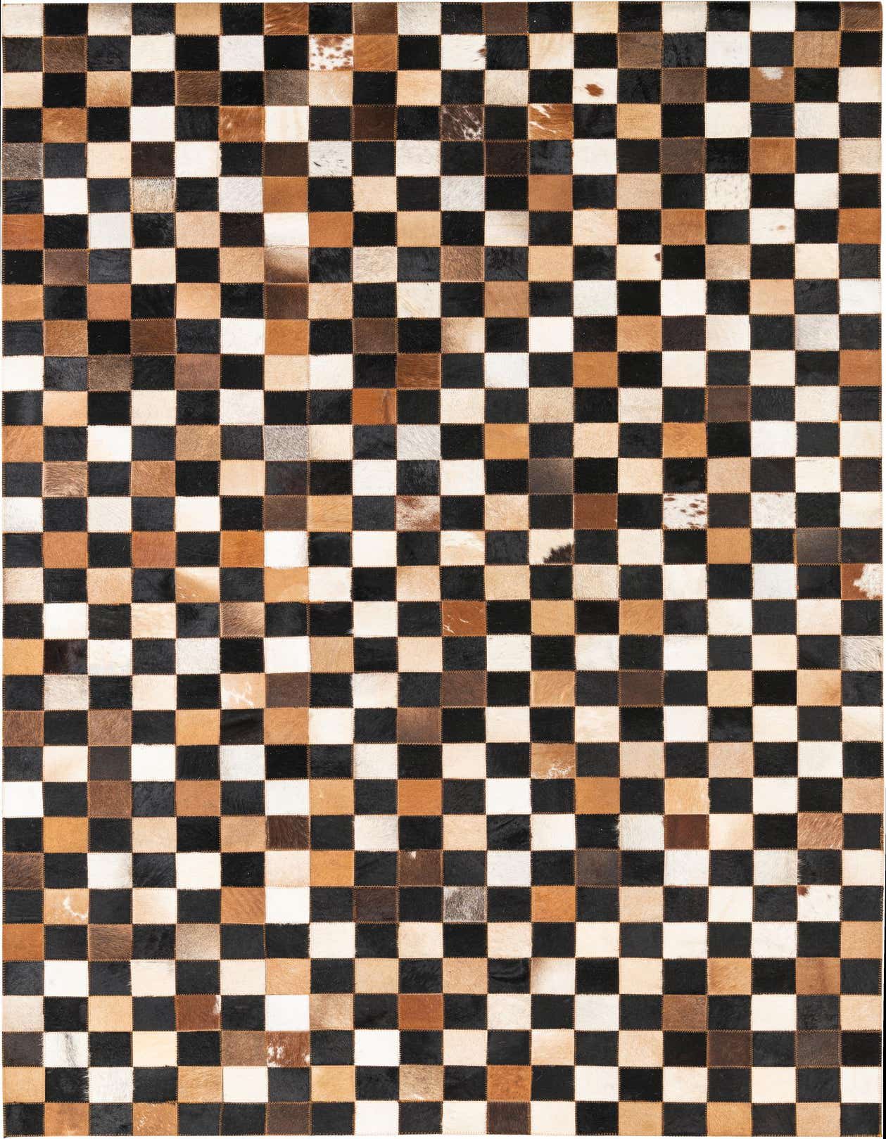 A 5x8 rectangular rug featuring a modern checkerboard pattern of multi-colored cowhide and leather squares.