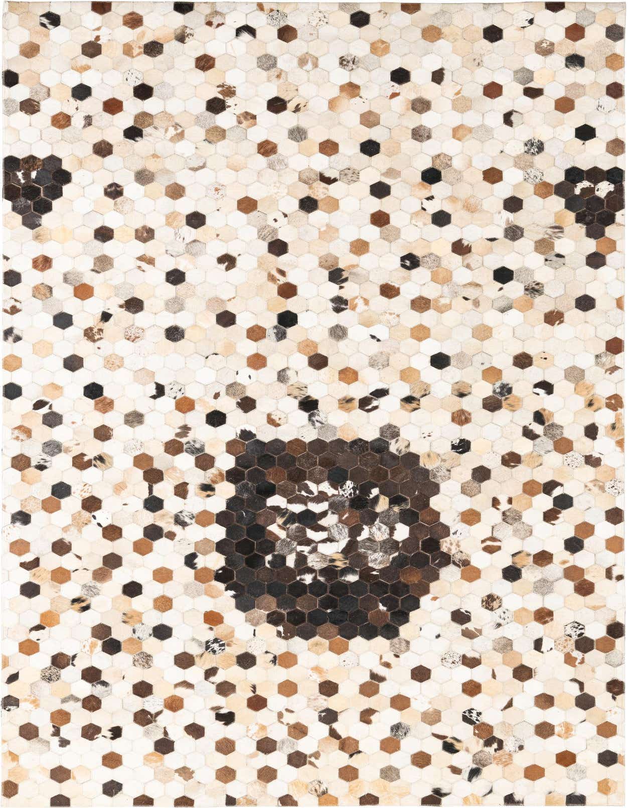 A 5x8 rectangular cowhide and leather rug featuring a modern, abstract hexagonal pattern in multi-colored natural tones.