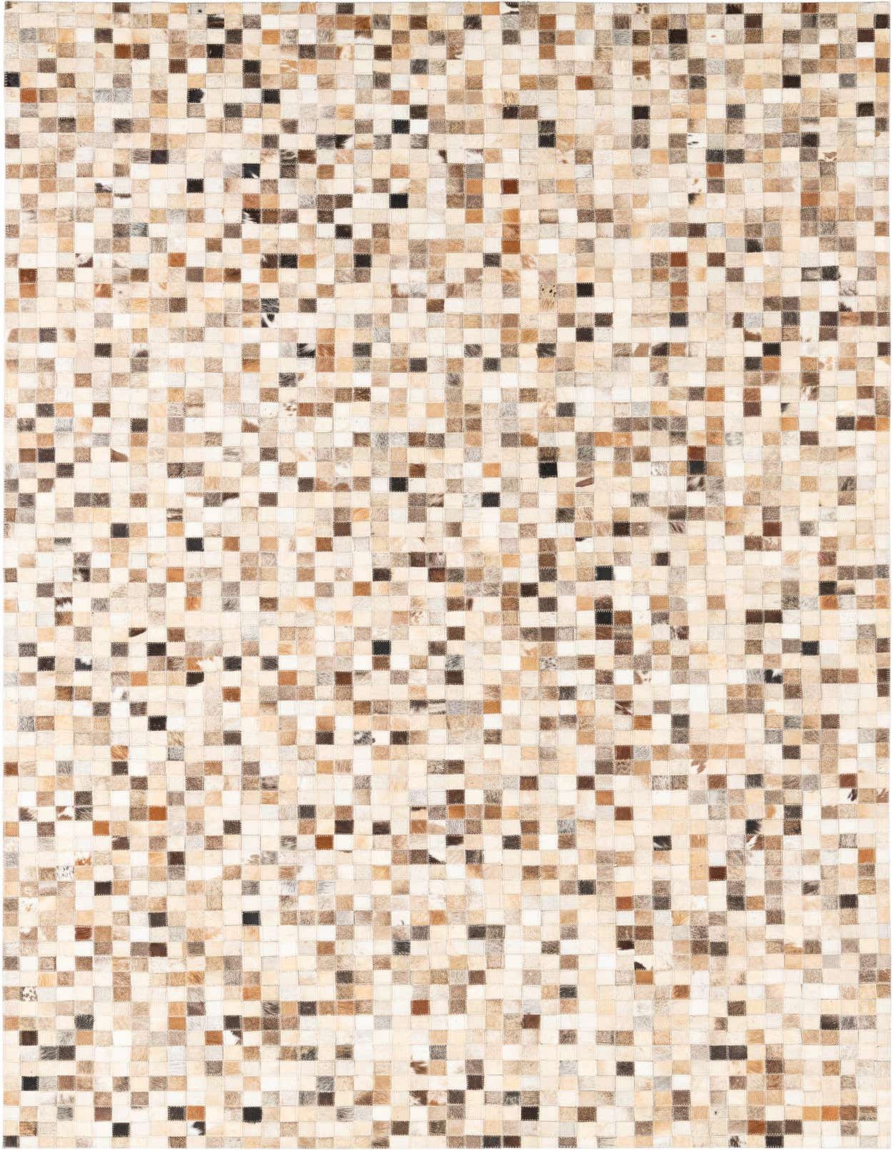 A 5x8 rectangular Cowhide Leather rug featuring a modern, abstract patchwork of multi-colored squares in varying shades of brown, beige, and cream.