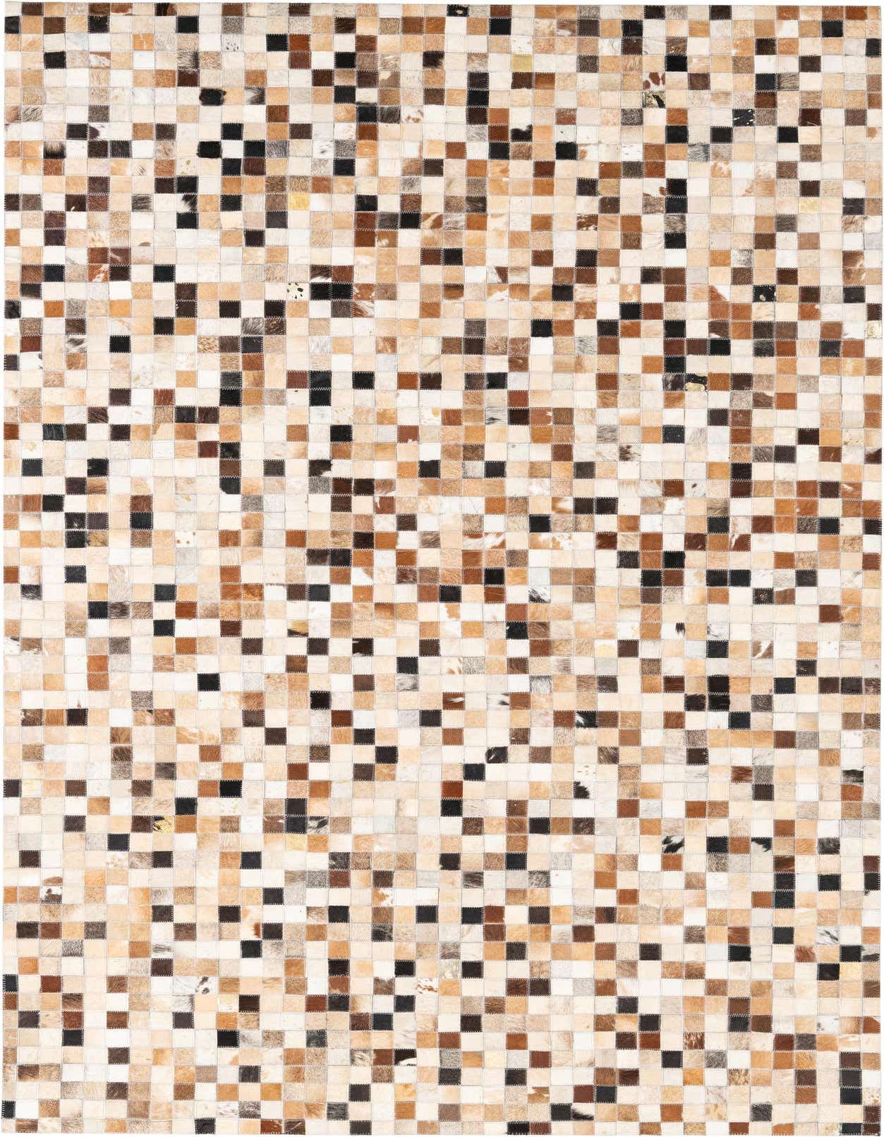 A 5x8 rectangular Cowhide Leather rug featuring a modern patchwork of multi-colored squares in various natural brown, black, and cream tones.