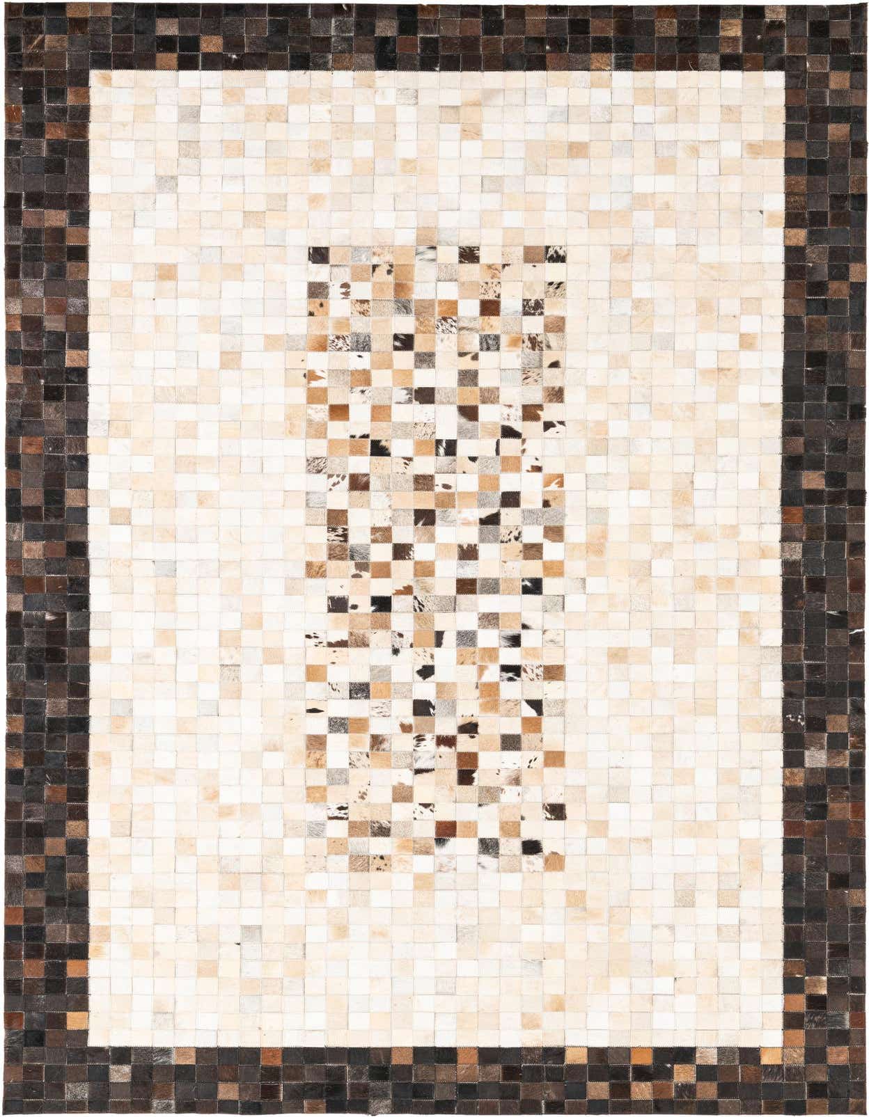 A 5x8 rectangular Cowhide Leather rug featuring a modern, abstract pattern of multi-colored square patches.