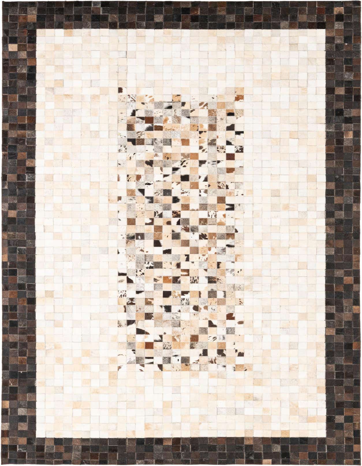 A 5x8 rectangular Cowhide Leather rug featuring a multi-colored modern abstract patchwork design with a dark brown border.