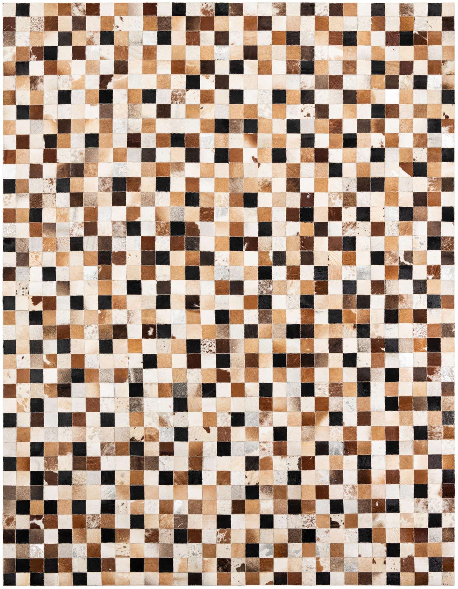 A rectangular 8x10 multi-colored cowhide and leather rug featuring a modern checkerboard pattern in various natural brown, black, and cream tones.