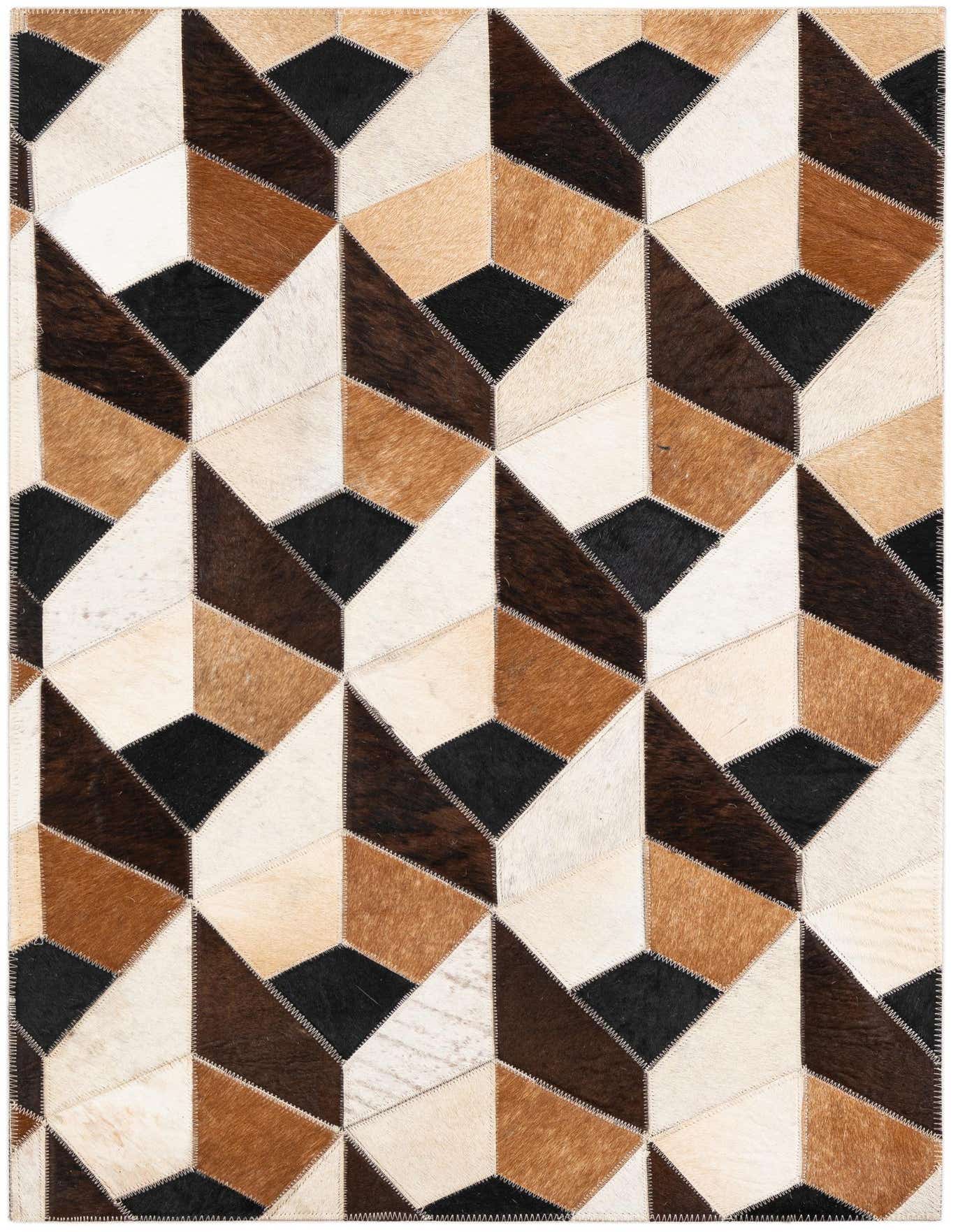 A 2x3 rectangular Cowhide Leather rug featuring a modern abstract geometric pattern in multi-colored patches of brown, black, and white.
