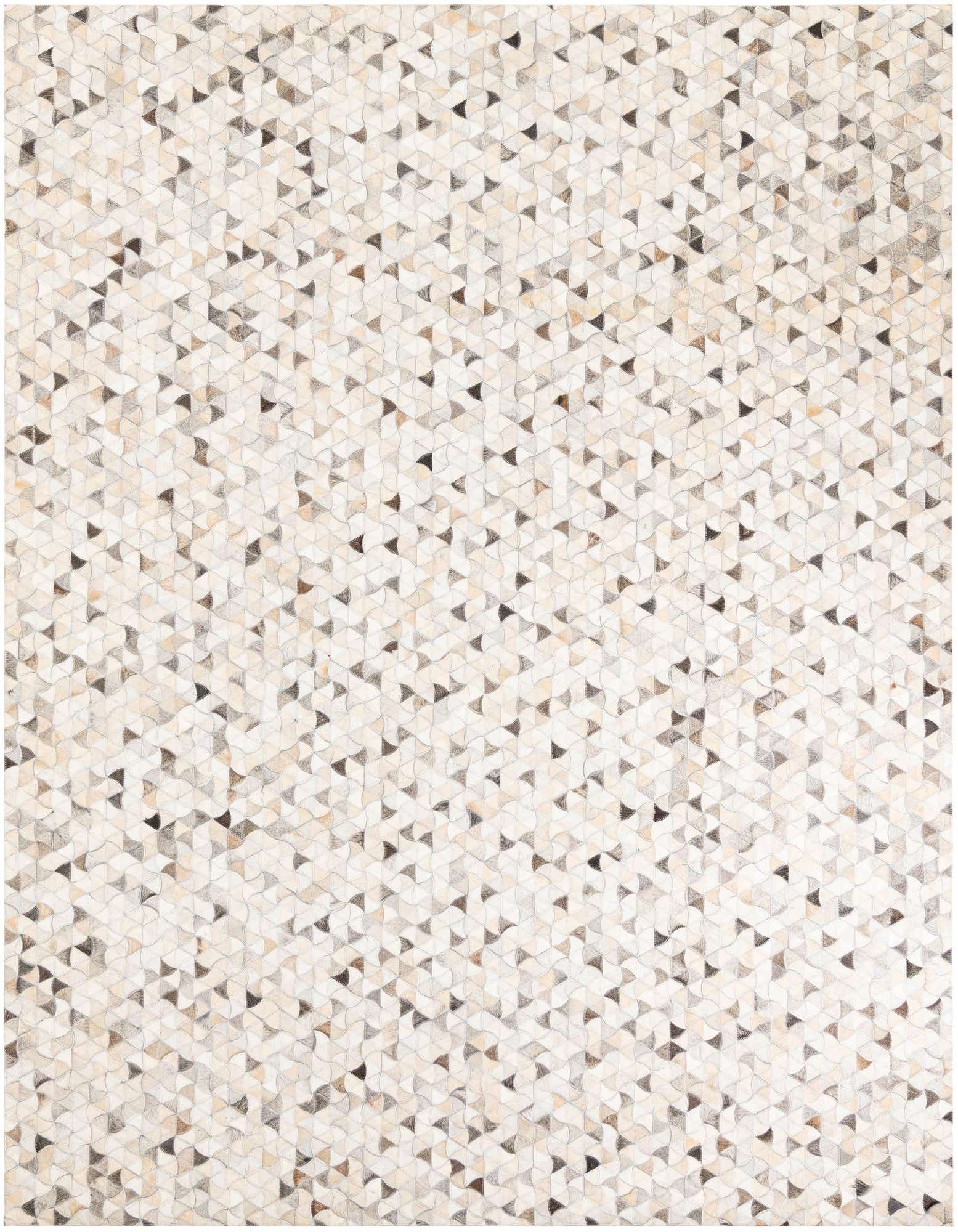 A rectangular 8x10 Cowhide Leather rug featuring a modern, abstract pattern of small, multi-colored triangular pieces in shades of white, beige, and brown.