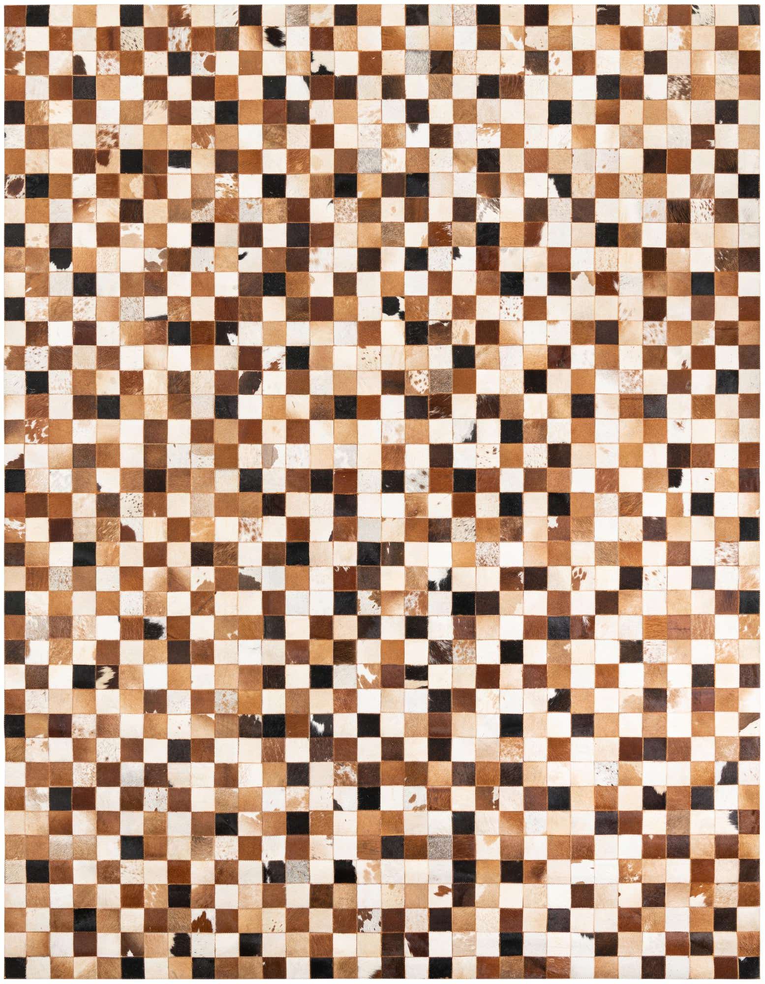 A rectangular 8x10 modern cowhide rug featuring a checkerboard pattern of multi-colored brown, black, and white squares.