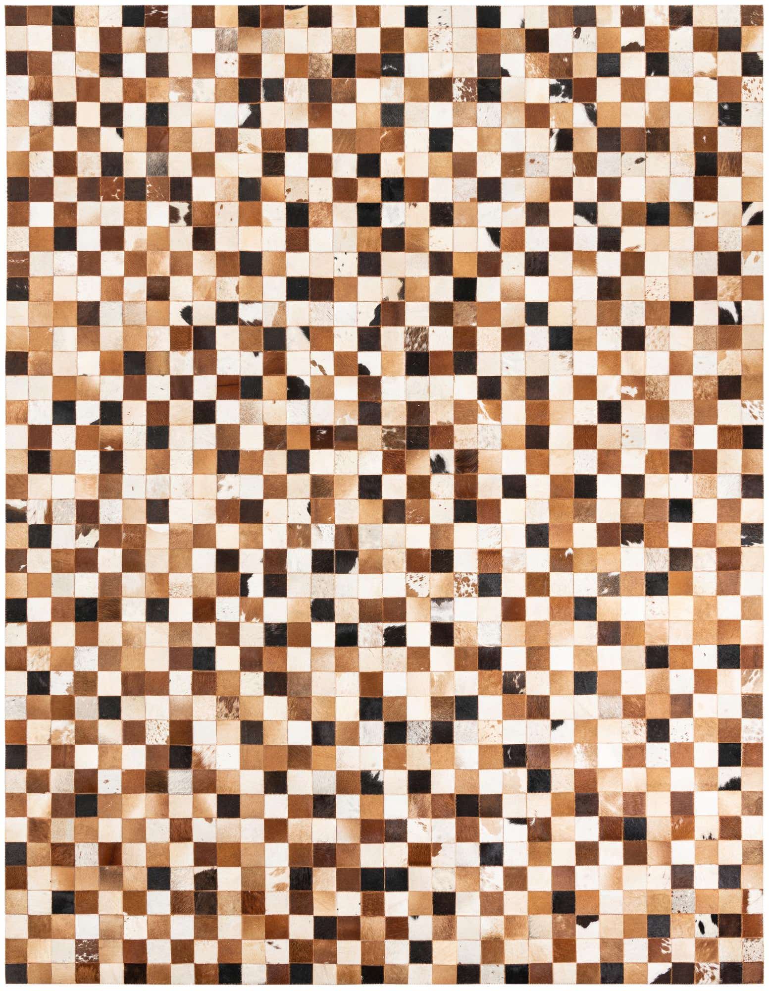 A rectangular 8x10 modern cowhide rug with a checkerboard pattern in various shades of brown, black, and white.