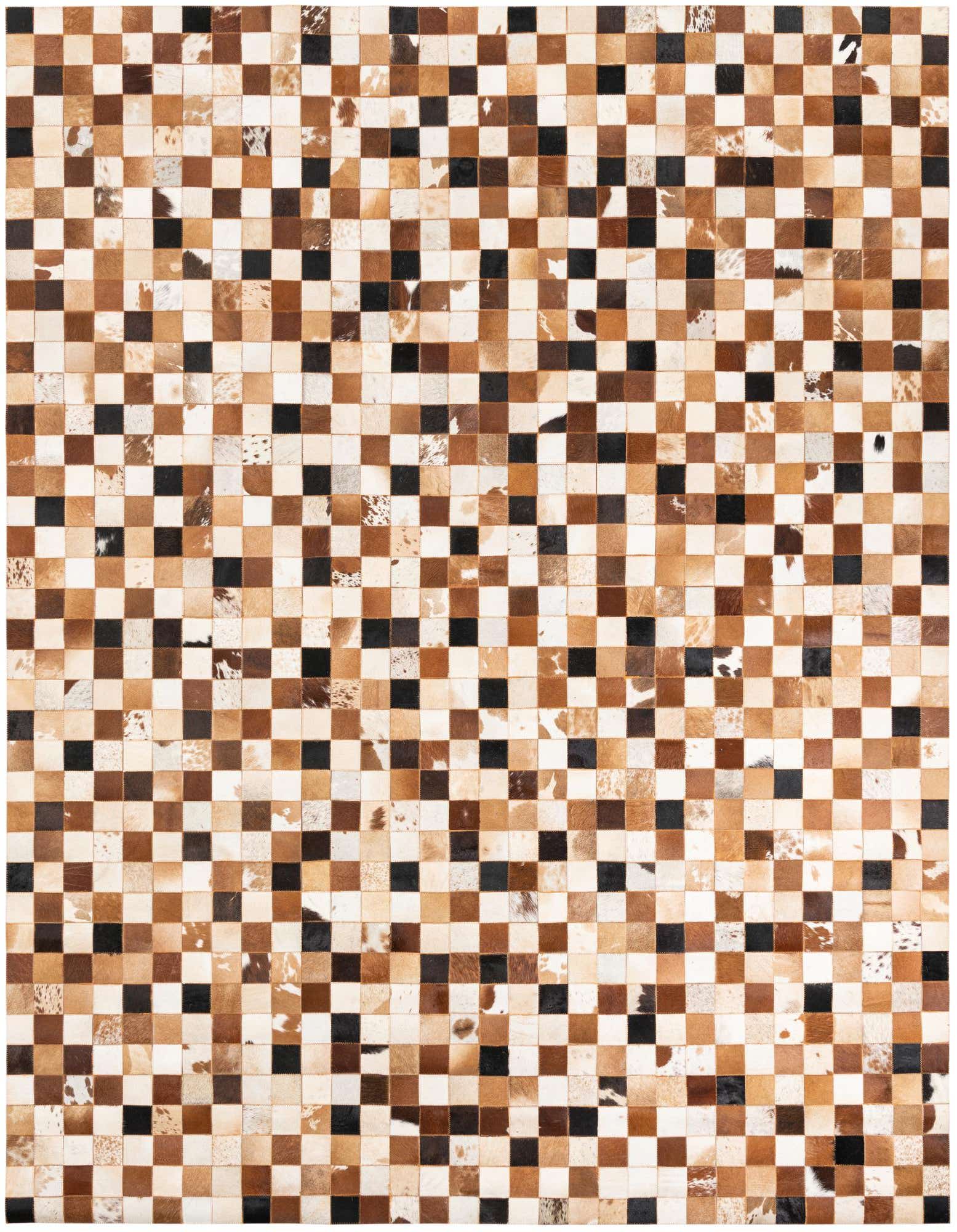 A rectangular 8x10 Cowhide Leather rug featuring a modern checkered pattern in multi-colored brown, white, and black squares.