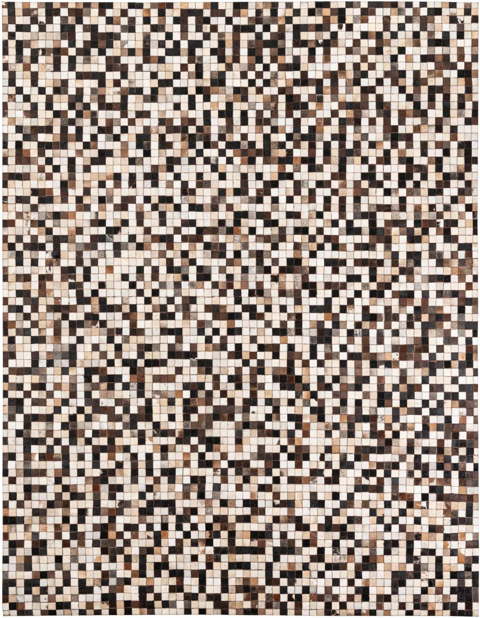 A rectangular 8x10 multi-colored modern cowhide rug with a pixelated abstract pattern in shades of brown, black, and white.