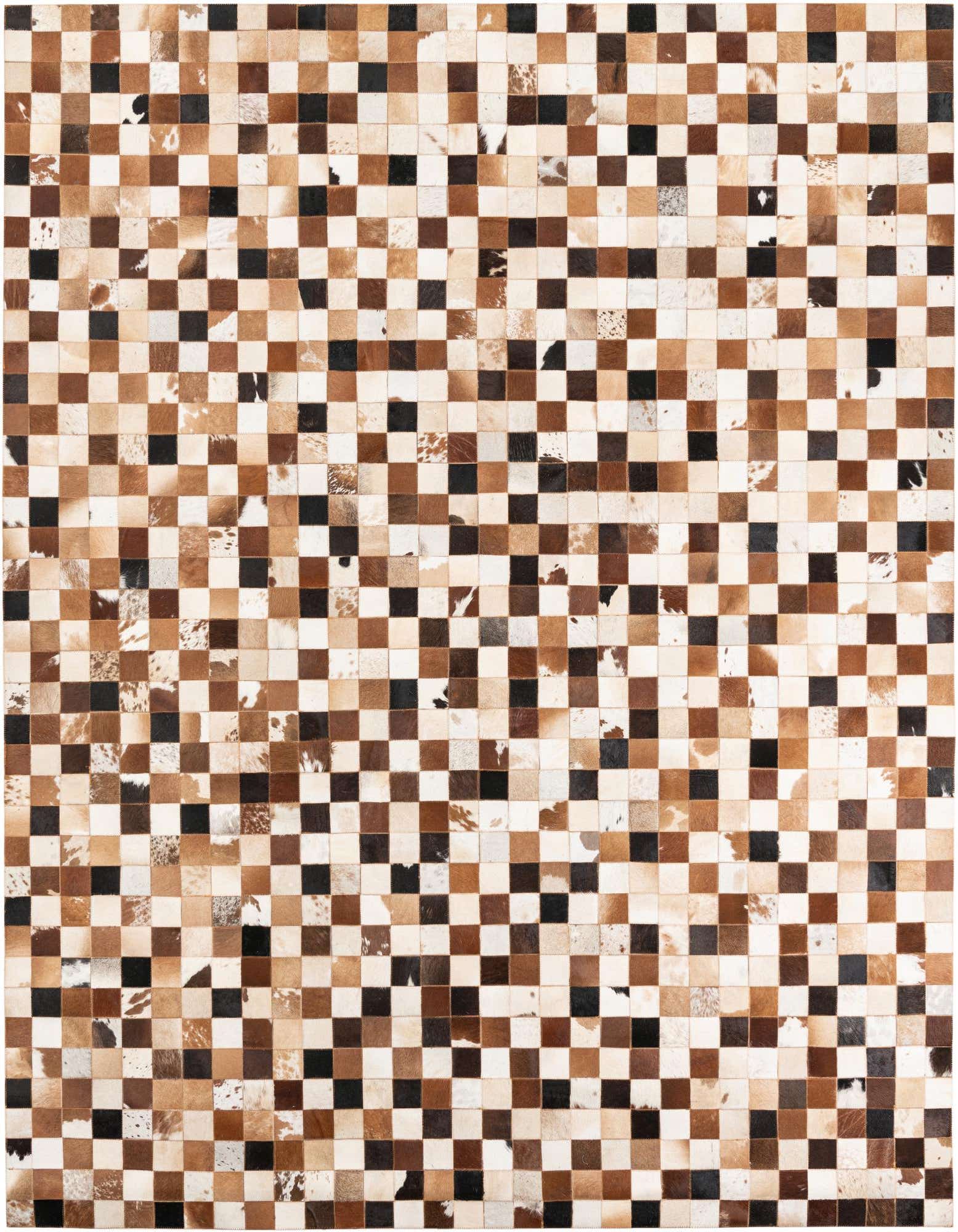 A rectangular 8x10 Cowhide Leather rug featuring a modern checkered pattern in various shades of brown, black, and white.