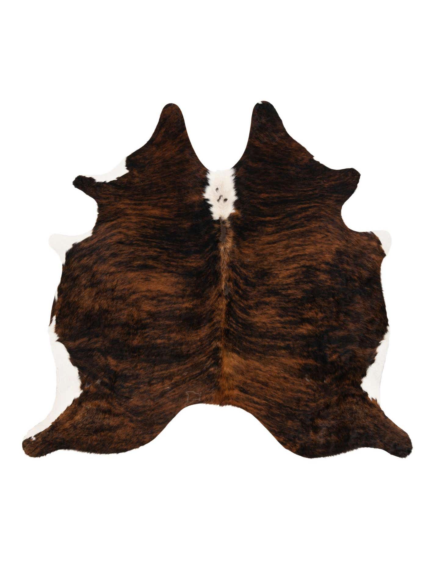 A 5x8 rectangular cowhide rug with a natural brindle pattern in dark brown, light brown, and white, suitable for a living room.