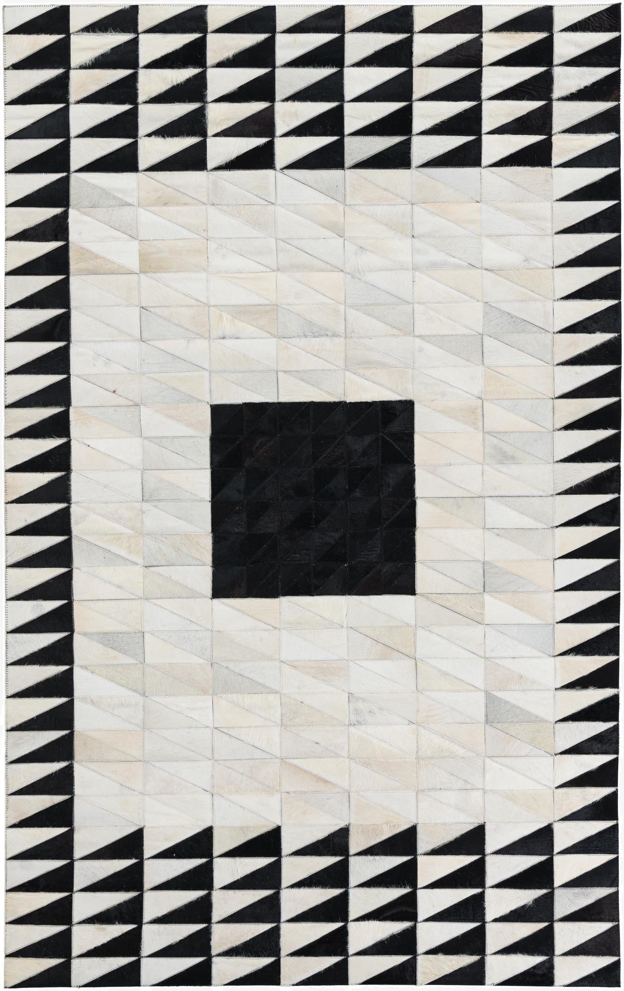 A 5x8 rectangular Cowhide Leather rug featuring a modern geometric pattern of black and white triangles.