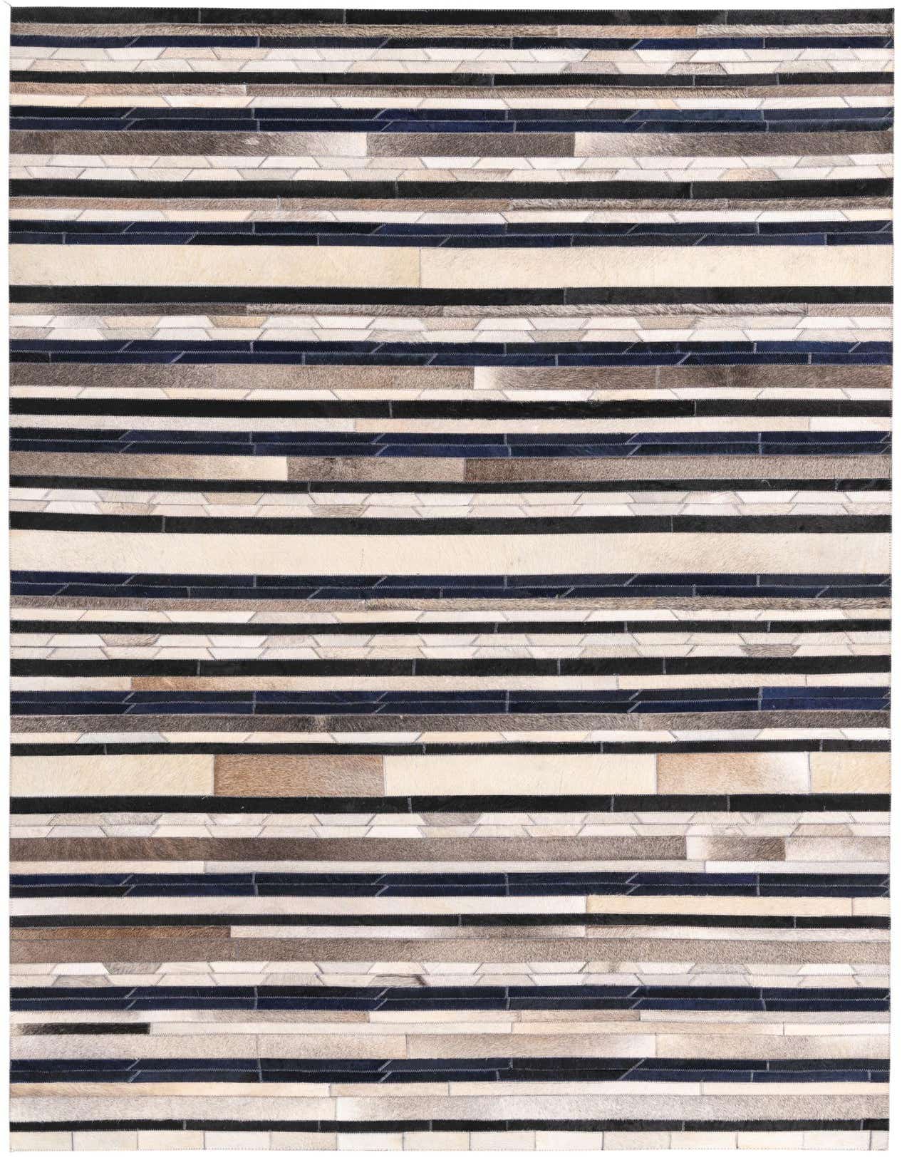 A 5x8 rectangular Cowhide rug featuring a modern striped pattern in multi-colored shades of black, brown, cream, and blue.