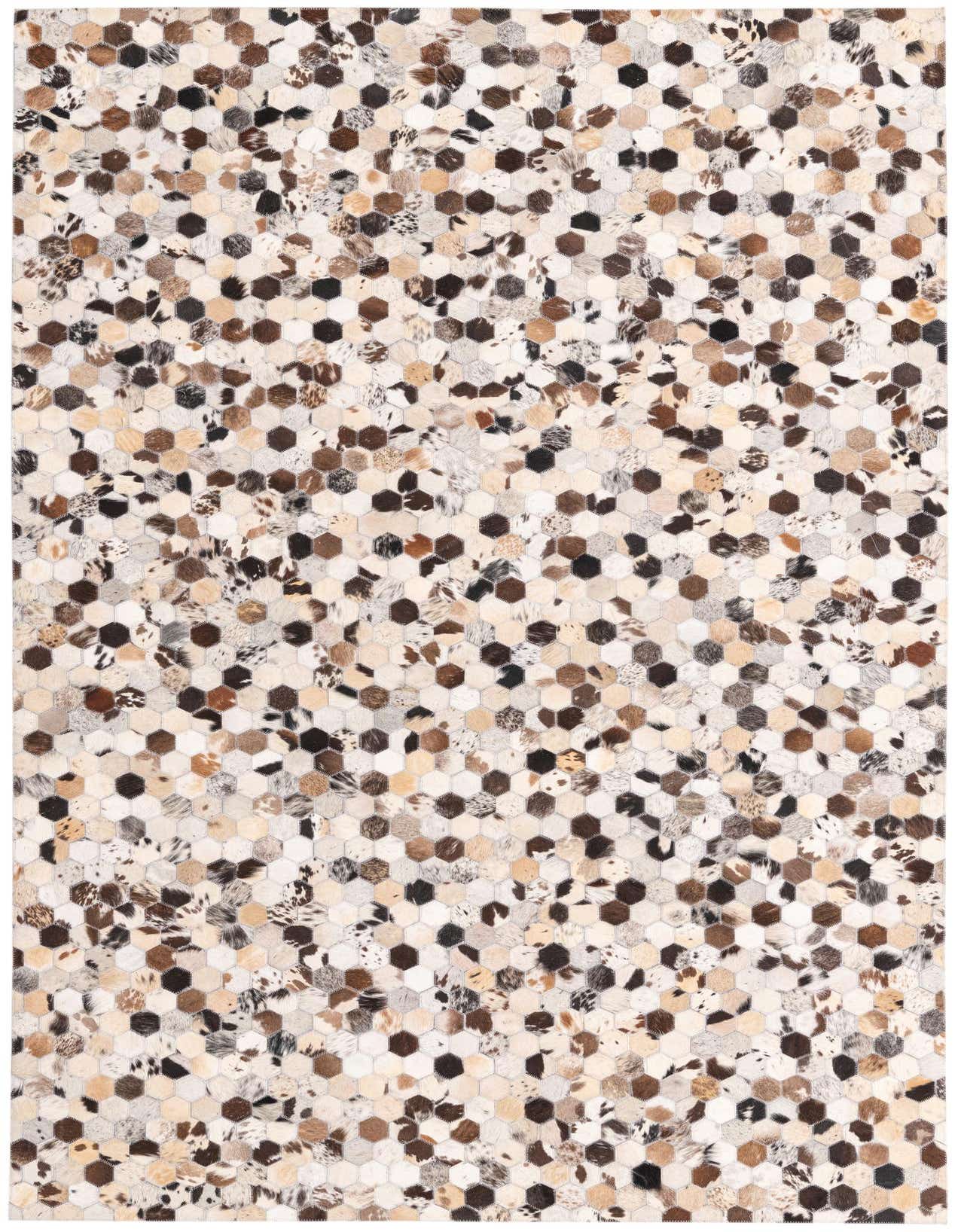 A 5x8 rectangular Cowhide rug featuring a modern pattern of multi-colored hexagonal patches in natural brown, black, and white tones.