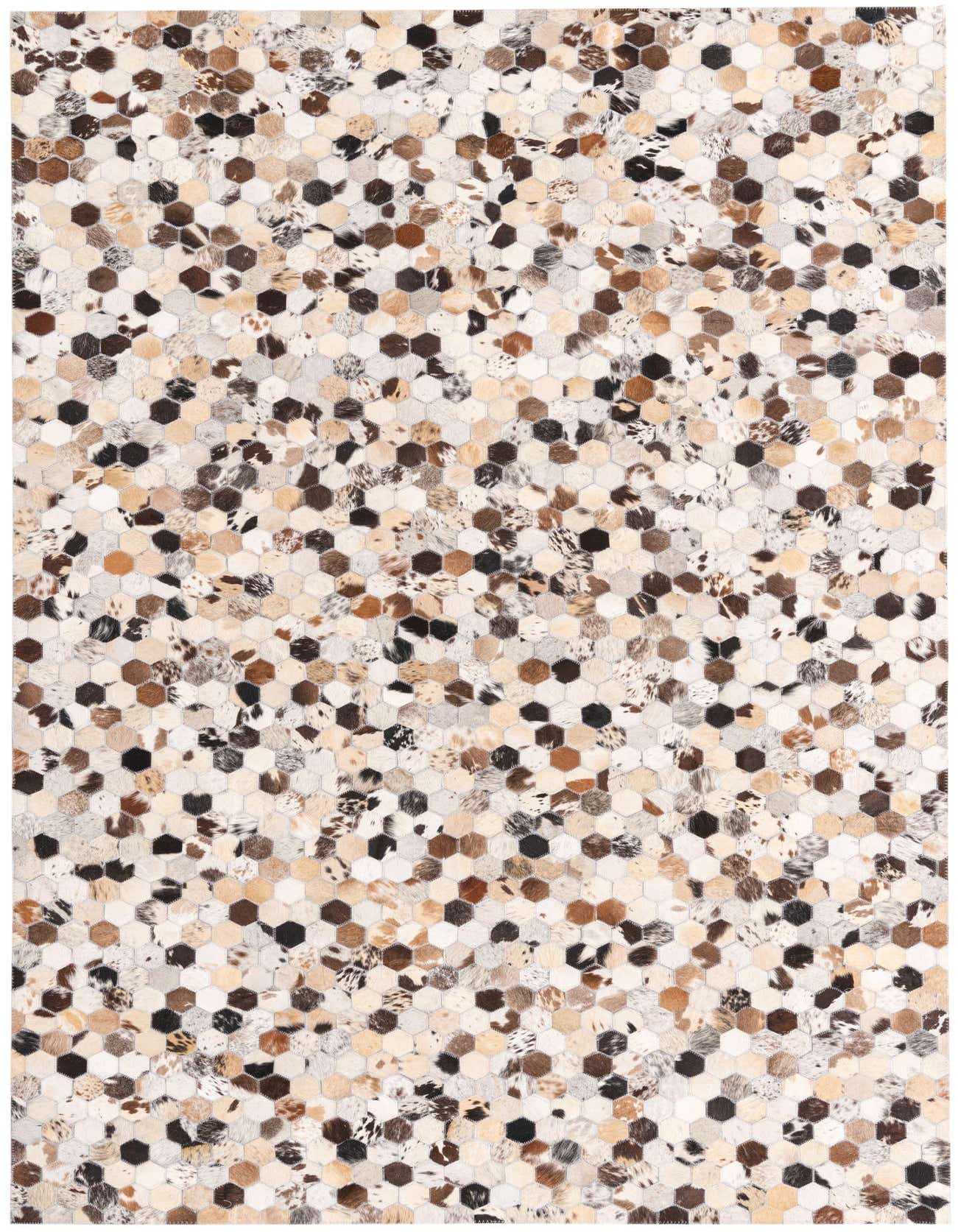 A 5x8 rectangular Cowhide rug with a modern hexagonal pattern in various shades of brown, black, and cream.