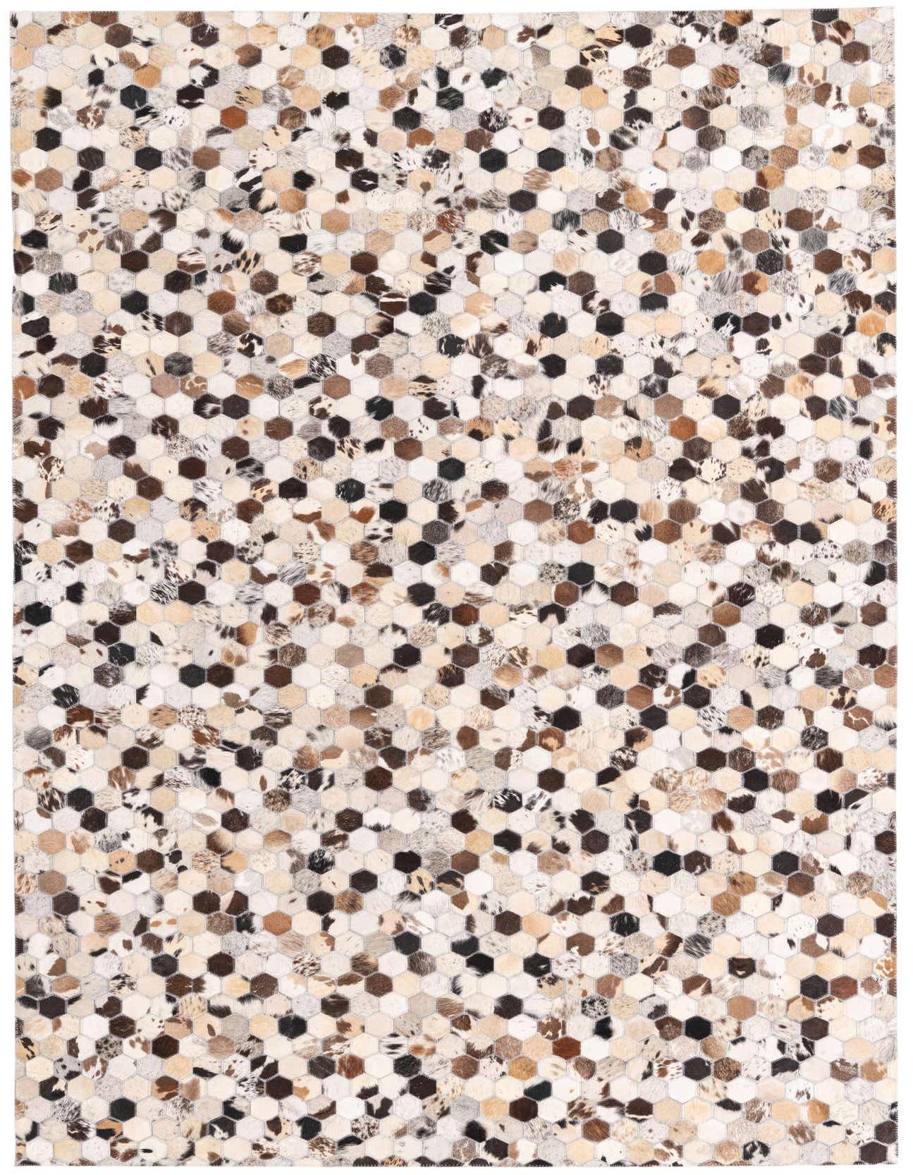 A 5x8 rectangular Cowhide rug featuring a modern hexagonal patchwork pattern in various shades of brown, black, and white.