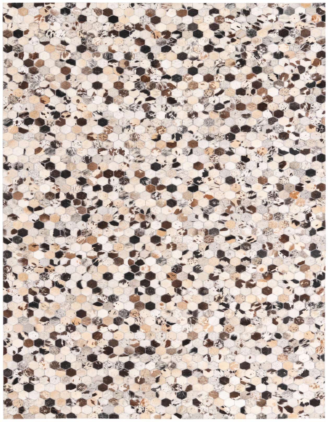 A 5x8 rectangular Cowhide rug featuring a modern mosaic pattern of multi-colored hexagonal leather patches.