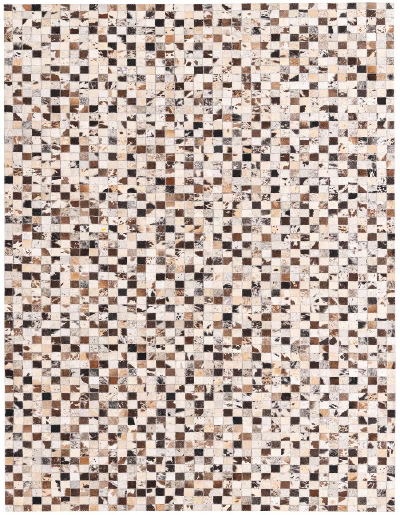 A 5x8 rectangular Cowhide rug featuring a modern patchwork of multi-colored squares in natural brown, black, and white tones.