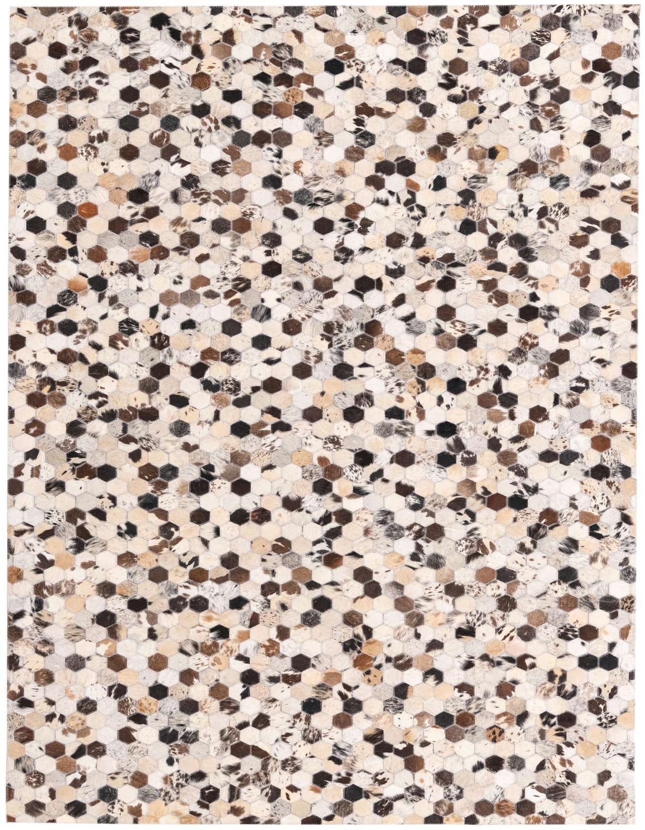 A 5x8 rectangular Cowhide rug featuring a modern mosaic pattern of multi-colored hexagonal patches in natural browns, creams, and black.