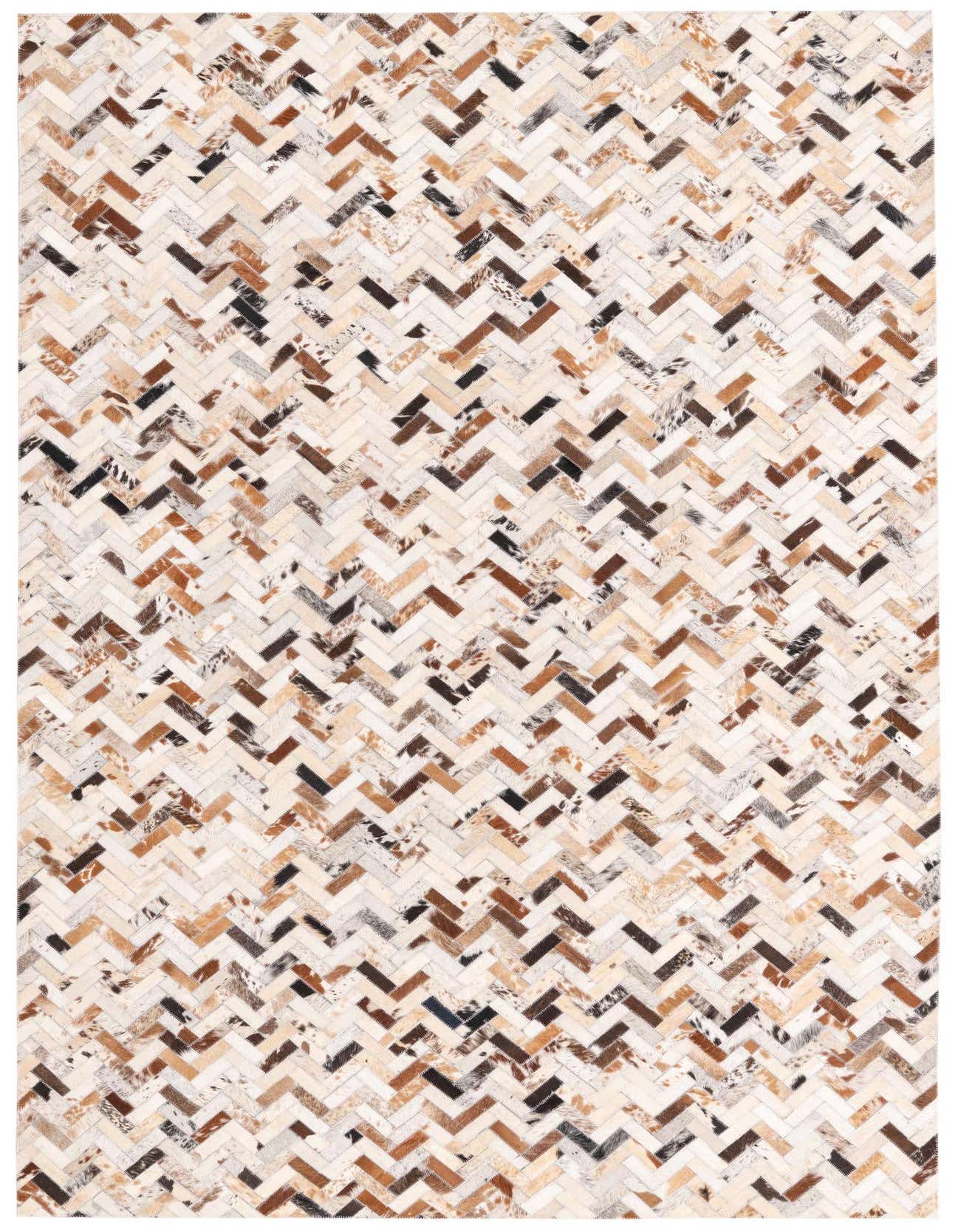 A 5x8 rectangular Cowhide rug featuring a modern multi-colored herringbone pattern in various shades of brown, white, and black.
