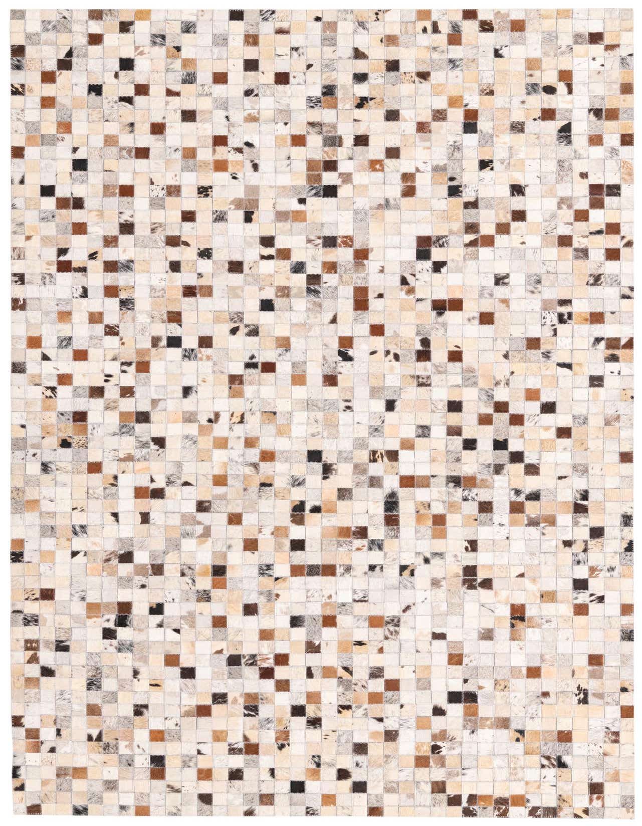 A 5x8 rectangular Cowhide rug with a modern patchwork pattern in multi-colored shades of brown, black, and cream.