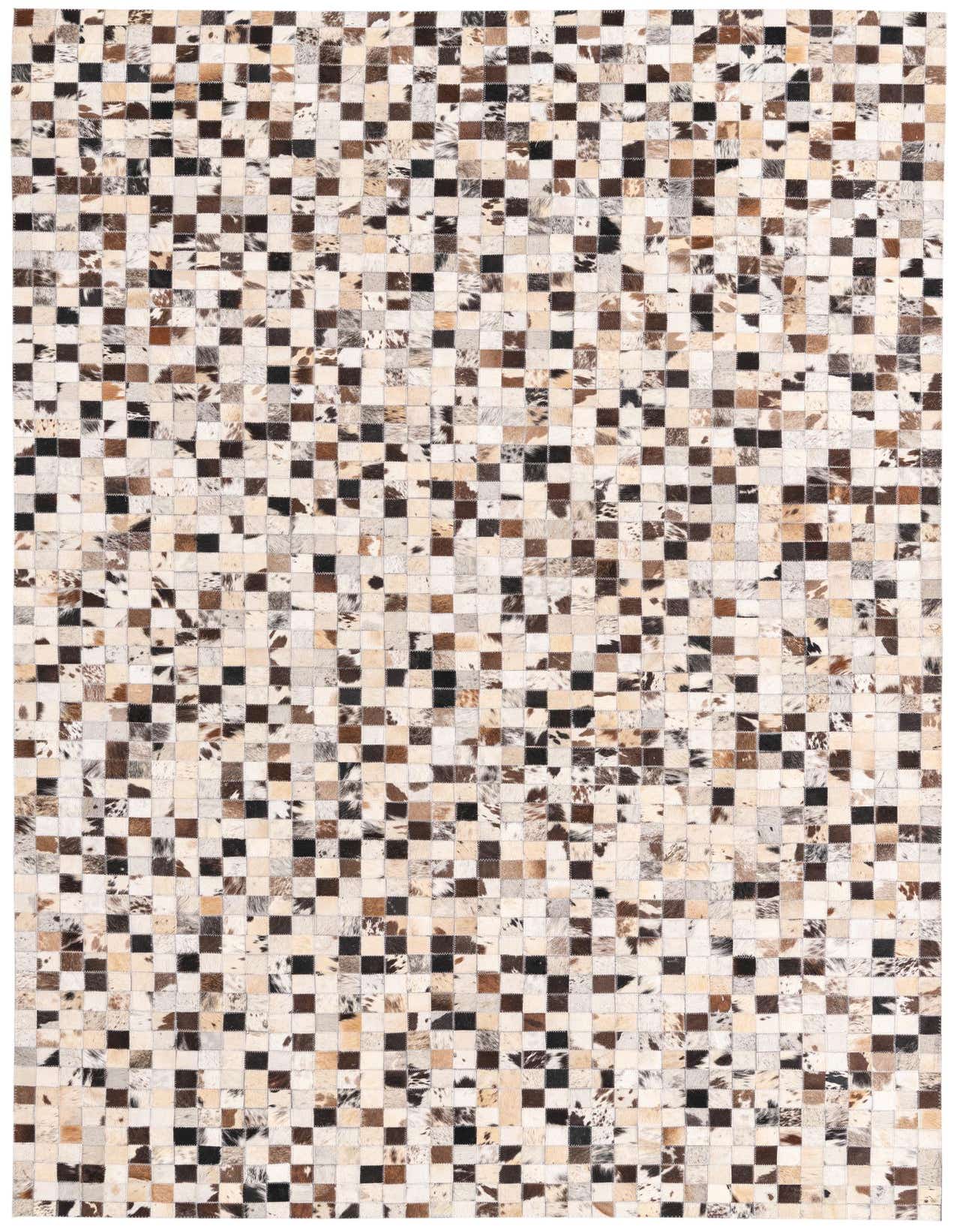 A rectangular 5x8 modern cowhide rug featuring a multi-colored patchwork design with natural brown, black, and white squares.